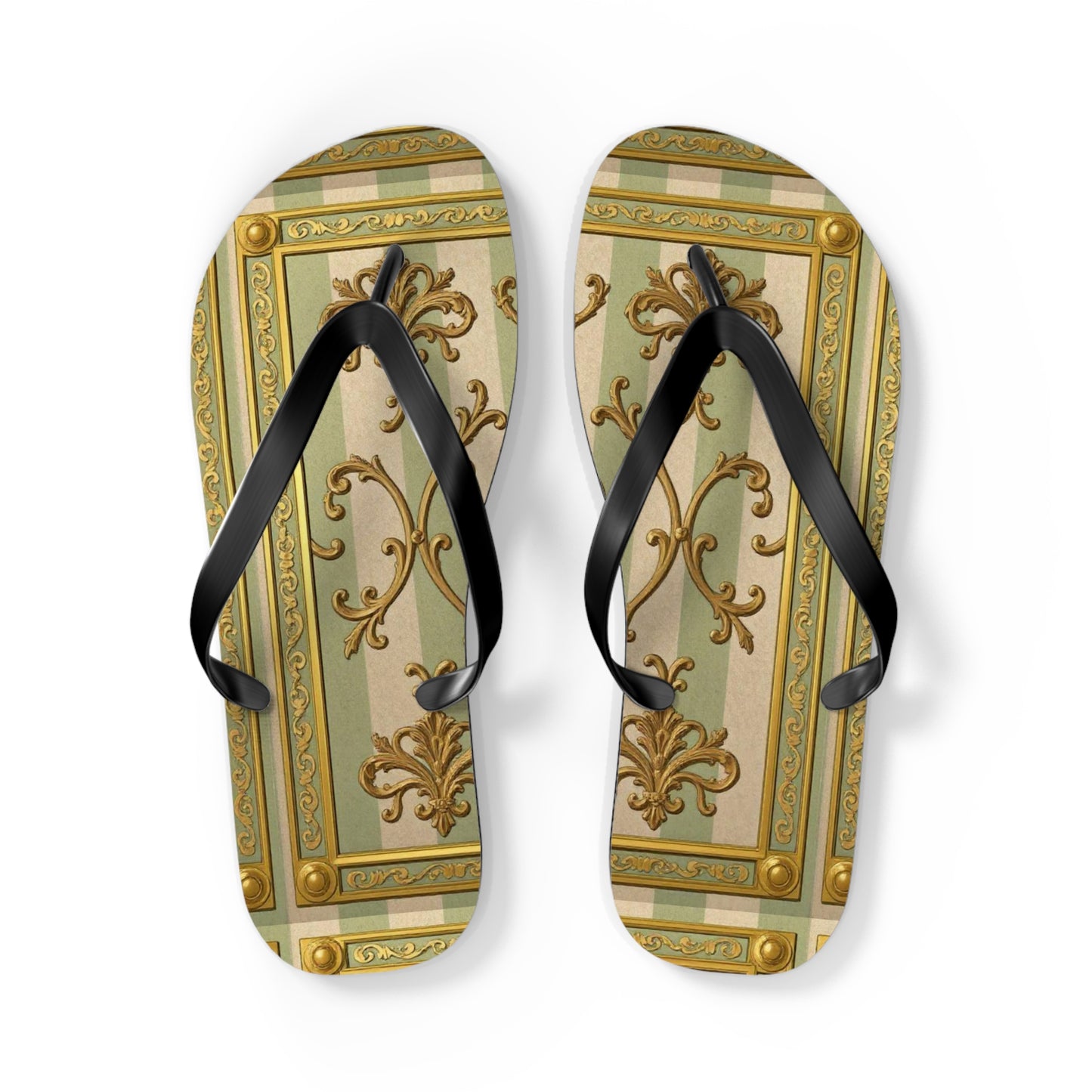 Elegant Floral Flip Flops for Summer, Beach Footwear, Stylish Sandals, Vacation Essentials, Outdoor Slip-On Shoes - Mint & Beige Striped Gold Baroque