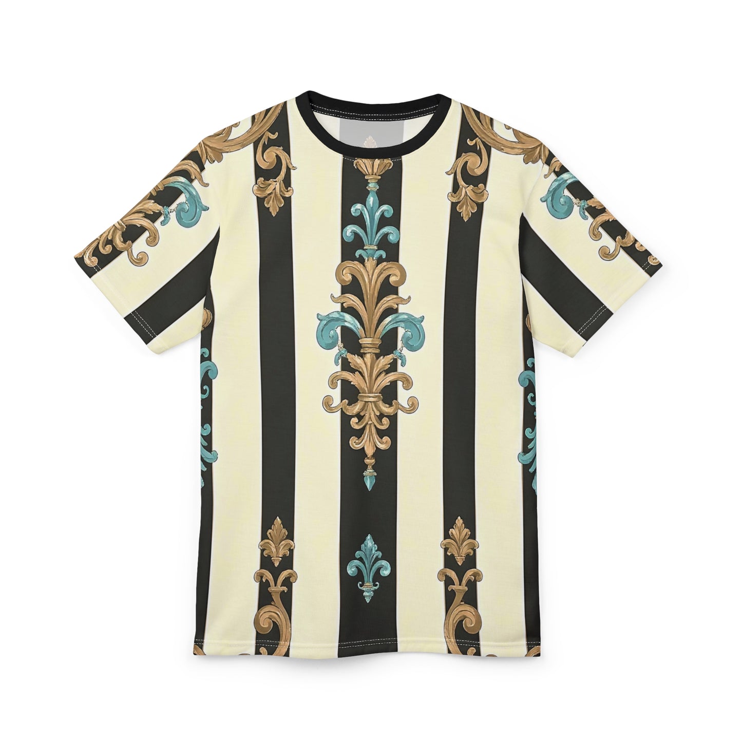 Stylish Unisex Patterned Tee, Fashion Tee for Men & Women, Casual Wear, Elegant Gift, Summer Top - Black Striped Turquoise & Black Rococo