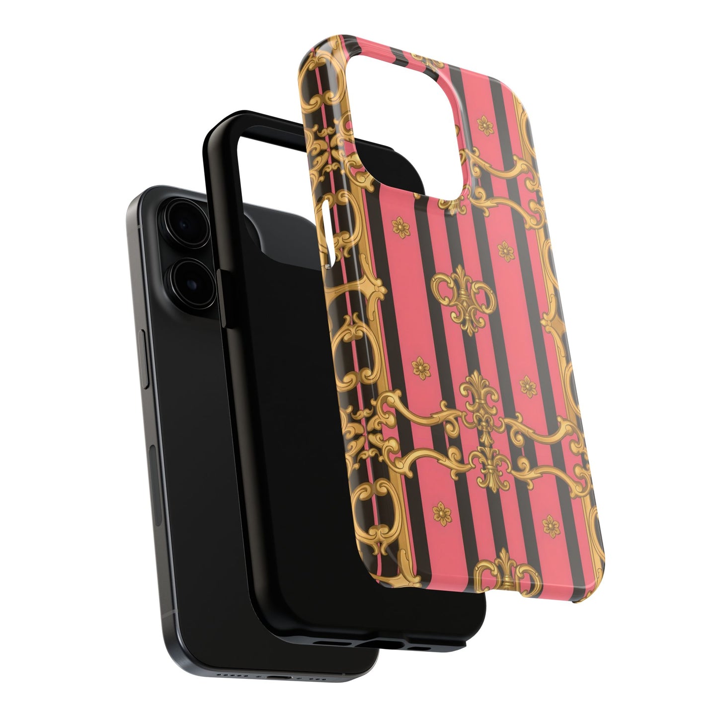 Elegant Baroque Tough Phone Cases, Stylish Protection, Gift for Her, Trendy Accessory - Pink & Black Striped Gold Baroque
