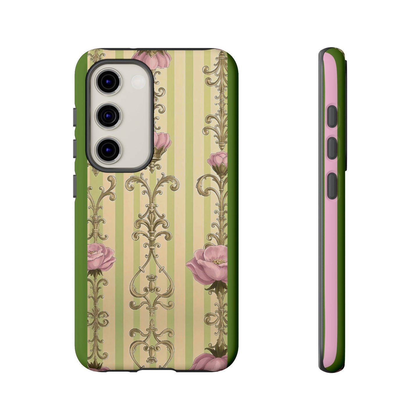 Elegant Floral Motif Phone Case - Tough Cases with Vintage Design - Lime Green & Pink Striped Damask