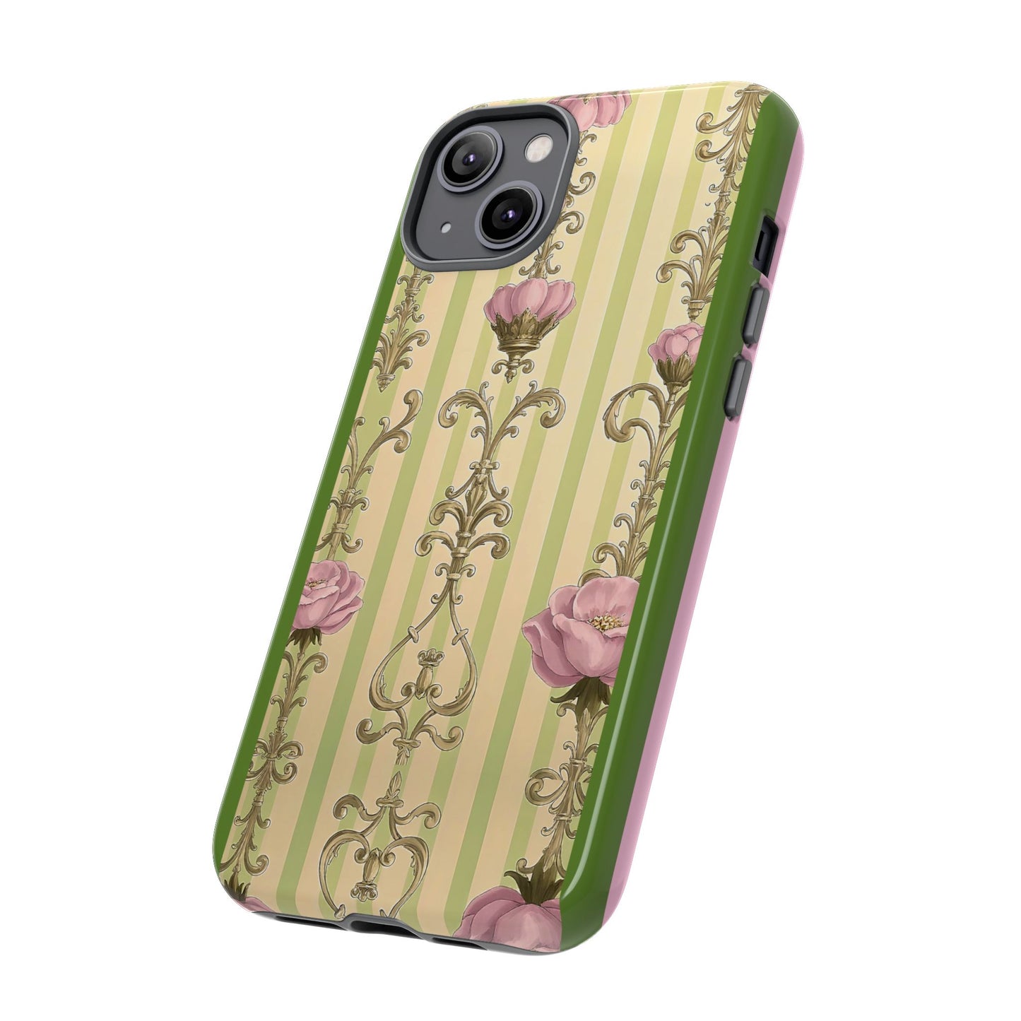 Elegant Floral Motif Phone Case - Tough Cases with Vintage Design - Lime Green & Pink Striped Damask