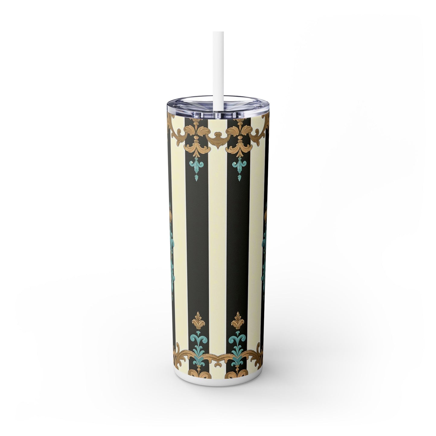 Elegant Stripe Skinny Tumbler | 20oz | Ideal Gift for Home, Office, Travel, Party, or Everyday Use - Black Striped Turquoise & Black Rococo