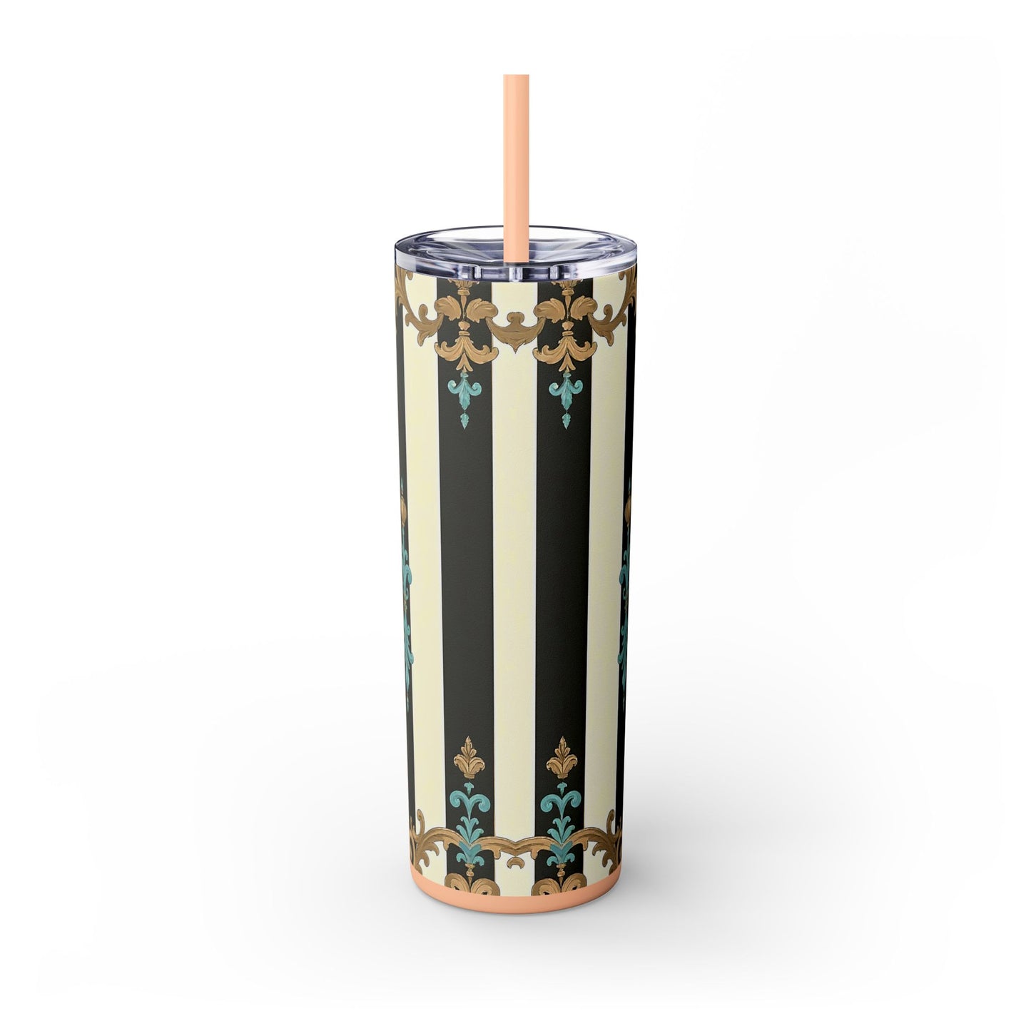 Elegant Stripe Skinny Tumbler | 20oz | Ideal Gift for Home, Office, Travel, Party, or Everyday Use - Black Striped Turquoise & Black Rococo