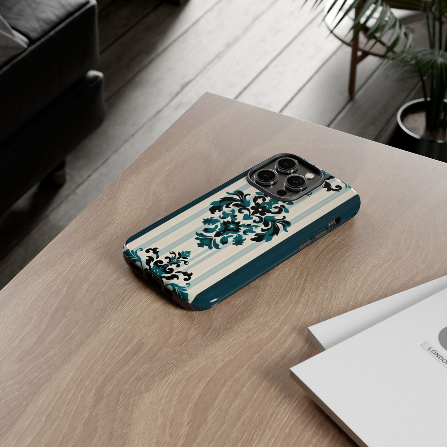 Elegant Floral Phone Case - Tough Cases with Vintage Design - Teal Striped Damask