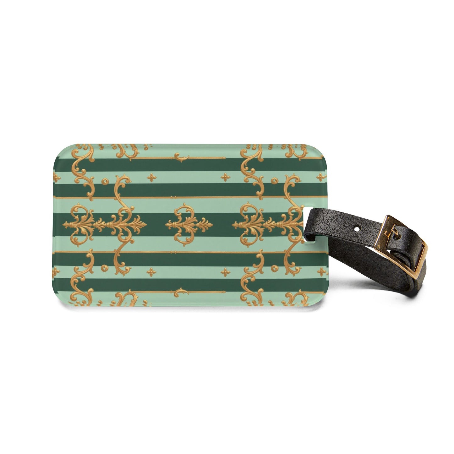 Chic Travel Luggage Tag with Elegant Stripes, Personalized Travel Accessory for Trendsetters - Mint Green & Teal Striped Gold Baroque