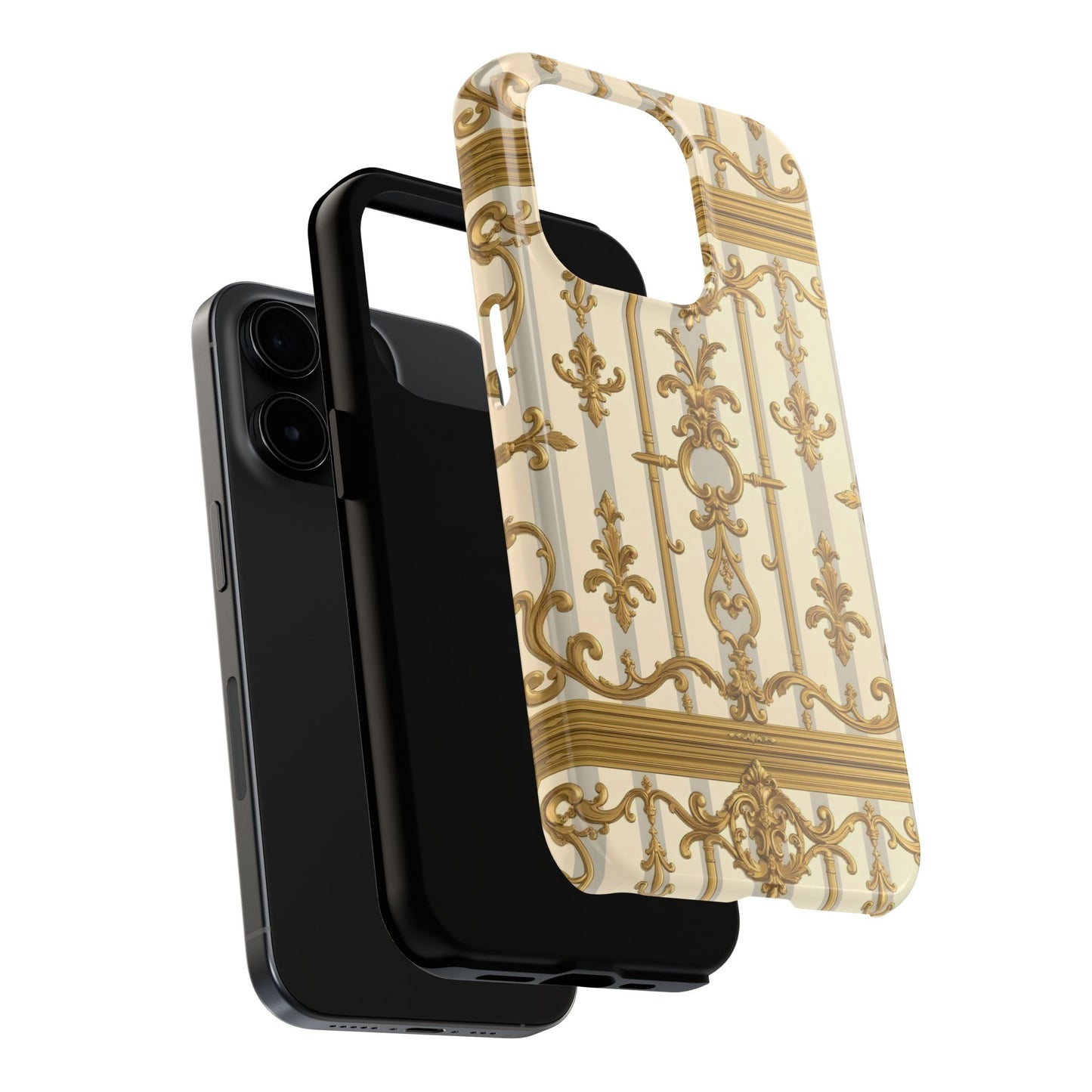 Elegant Gold Pattern Tough Phone Cases | Stylish Phone Covers, Trendy Cell Phone Accessories - Matte Gray & Cream Striped Gold Baroque