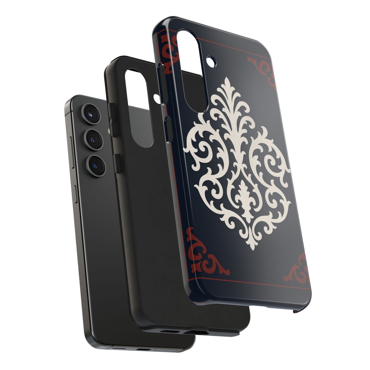 Dusk Blue-Maroon & White Baroque Tough Phone Case — Vintage Scroll Design