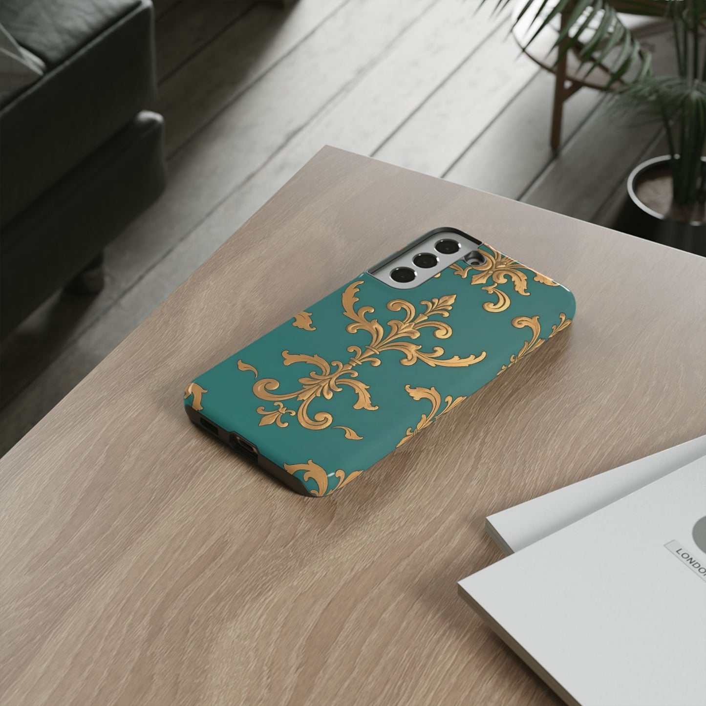 Elegant Floral Motif Phone Case - Tough Cases with Vintage Design - Aqua & Gold Damask