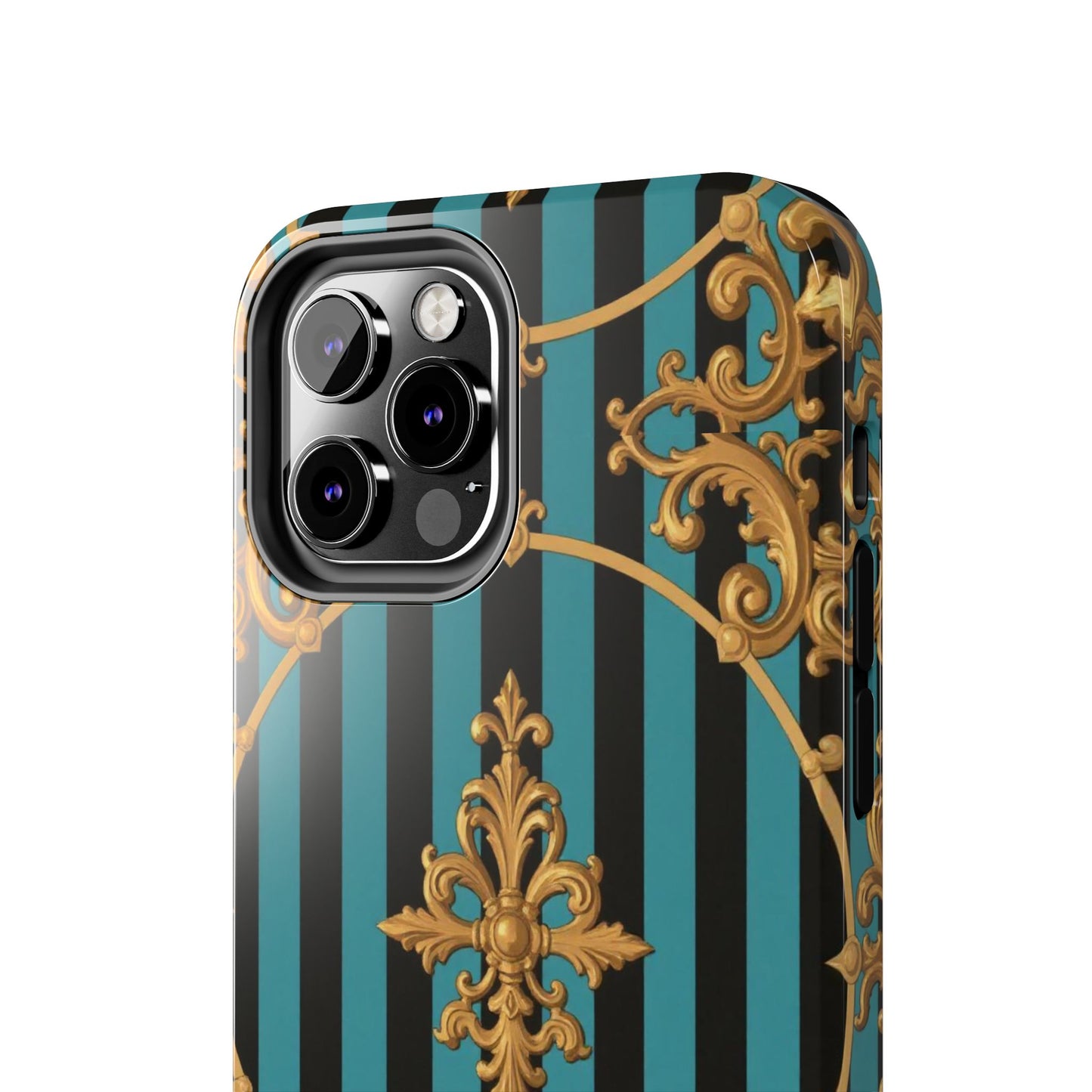 Elegant Turquoise & Black Striped Gold Baroque Phone Case, Tough Phone Cases for Fashion Lovers, Gift for Her, Luxury Accessories