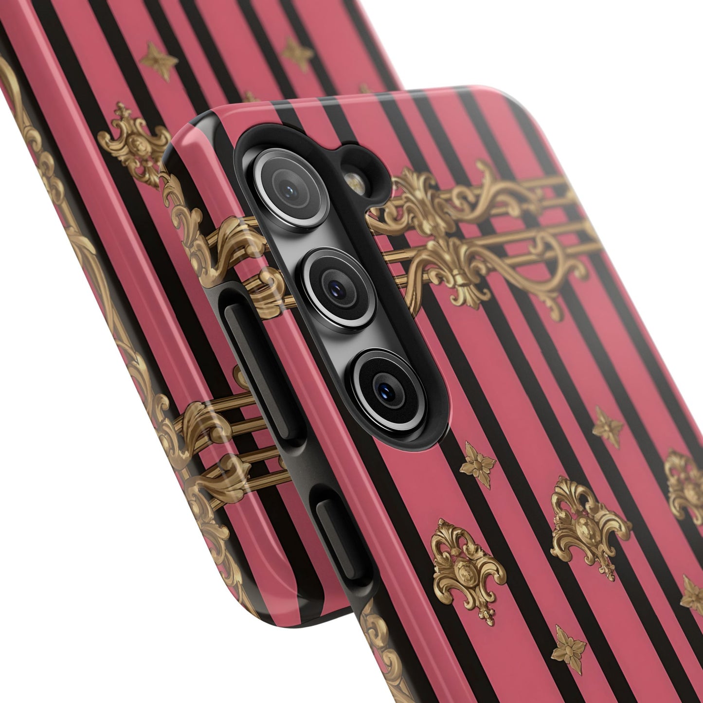 Elegant Floral Phone Cases, Stylish Protective Case for Trendy Individuals, Unique Gift for Tech Lovers, Phone Accessories - Pink Striped Gold Rococo
