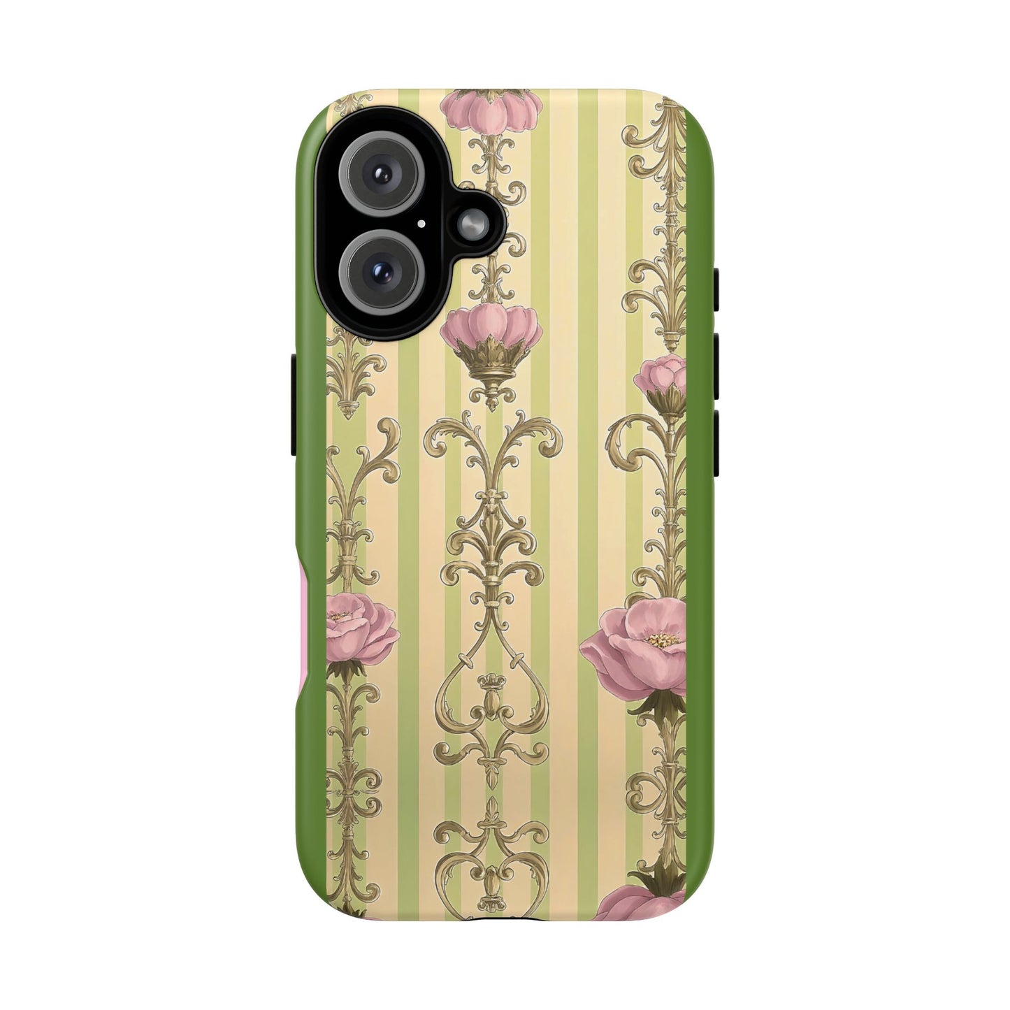 Elegant Floral Motif Phone Case - Tough Cases with Vintage Design - Lime Green & Pink Striped Damask