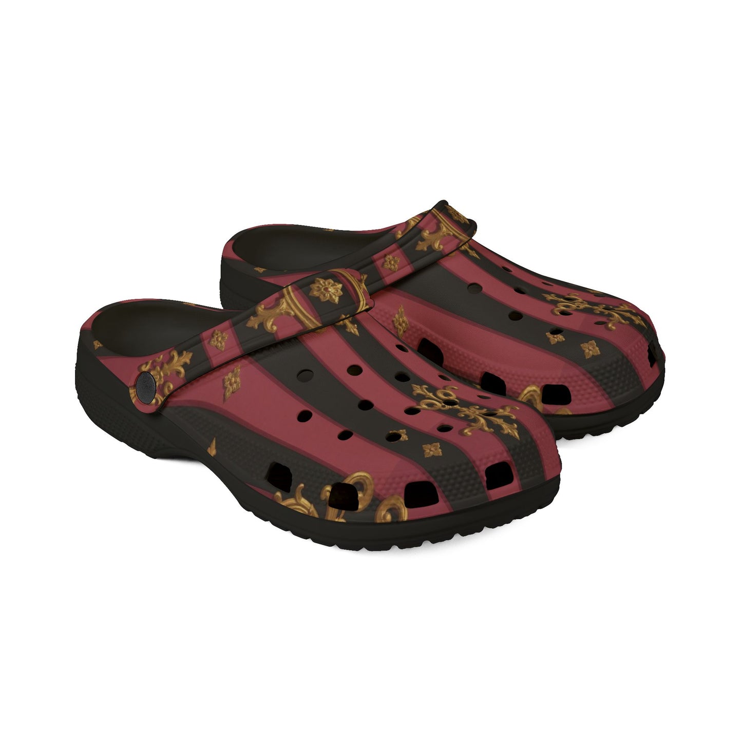 Chic Black & Mauve Striped Gold Baroque EVA Foam Rubber Clogs for Stylish Comfort, Trendy House Shoes, Unique Gift Idea