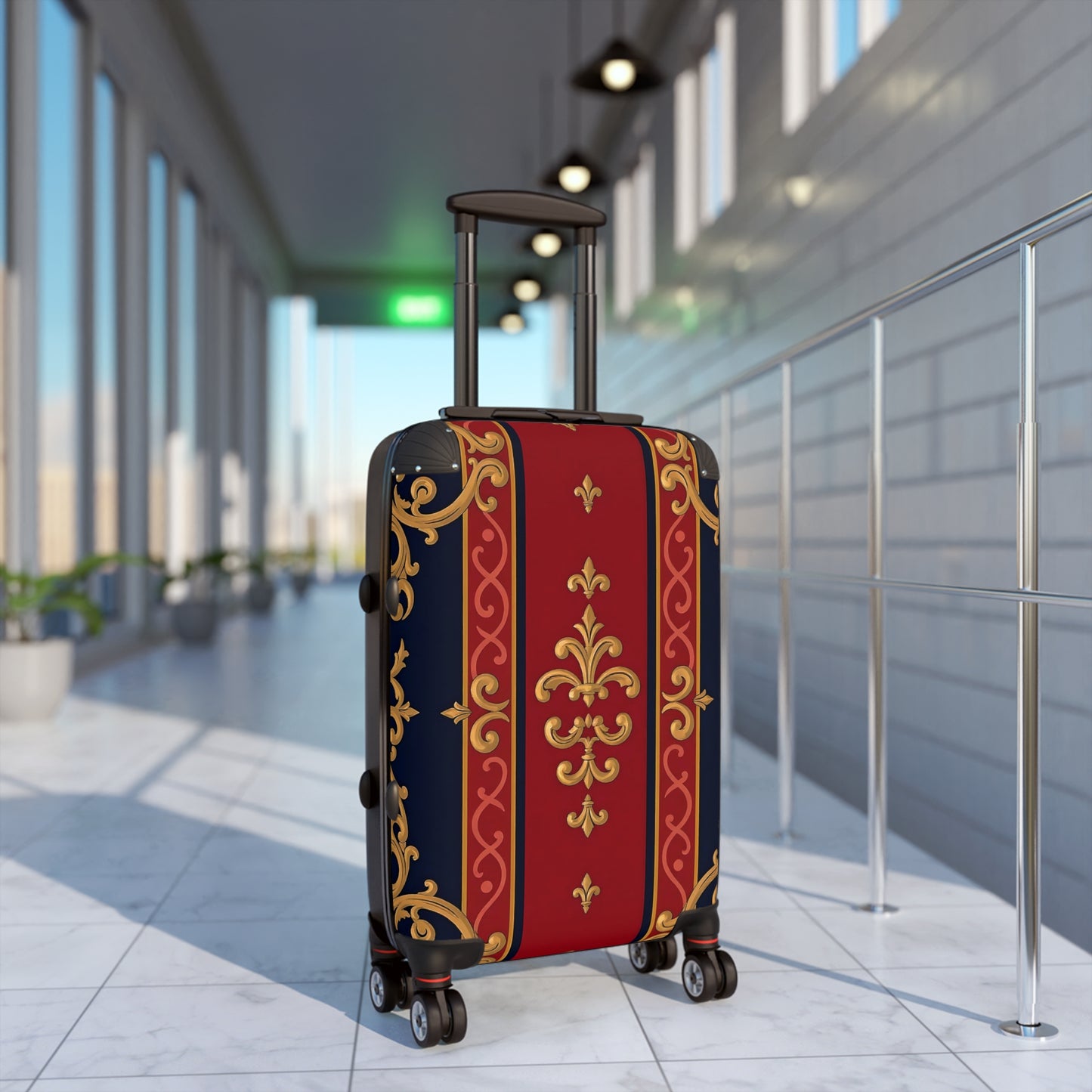 Elegant Travel Suitcase - Stylish Luggage for Jetsetters, Vacationers, Business Travel, Holidays, Gift Idea - Midnight Blue & Dusk Red Gold Baroque
