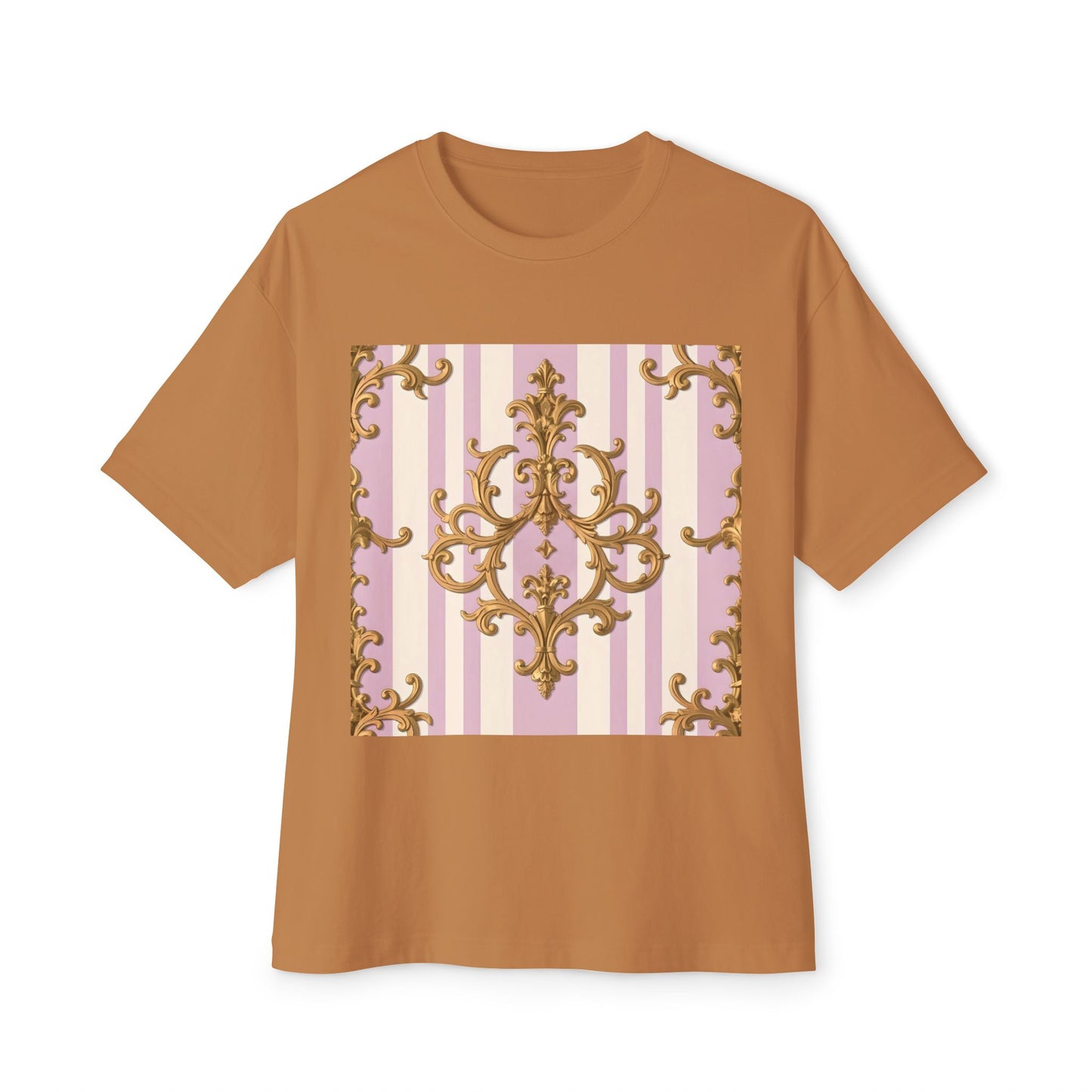 Chic Oversized Boxy Tee for Stylish Comfort, Casual Wear, Graphic Tee, Trendy Fashion, Gifts for Her - Lilac & Alabaster Striped Gold Baroque