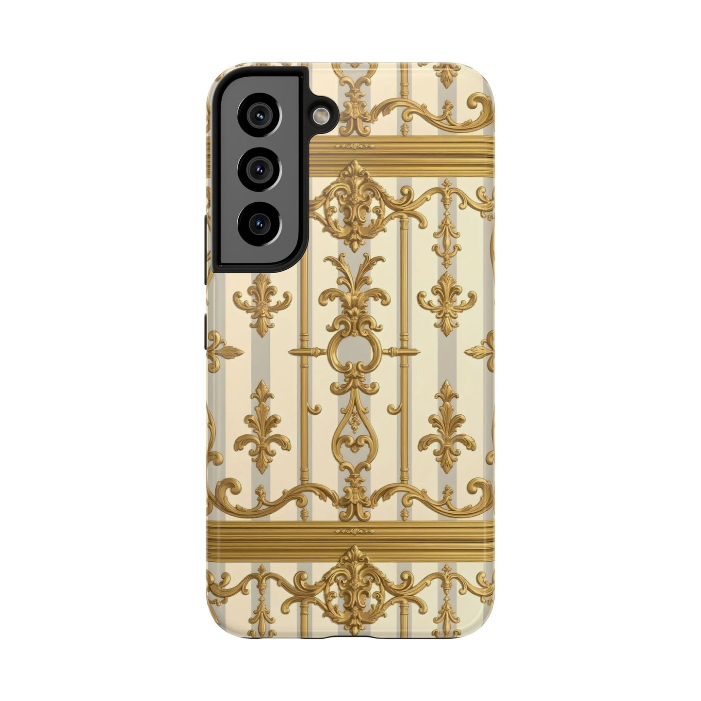Elegant Gold Pattern Tough Phone Cases | Stylish Phone Covers, Trendy Cell Phone Accessories - Matte Gray & Cream Striped Gold Baroque