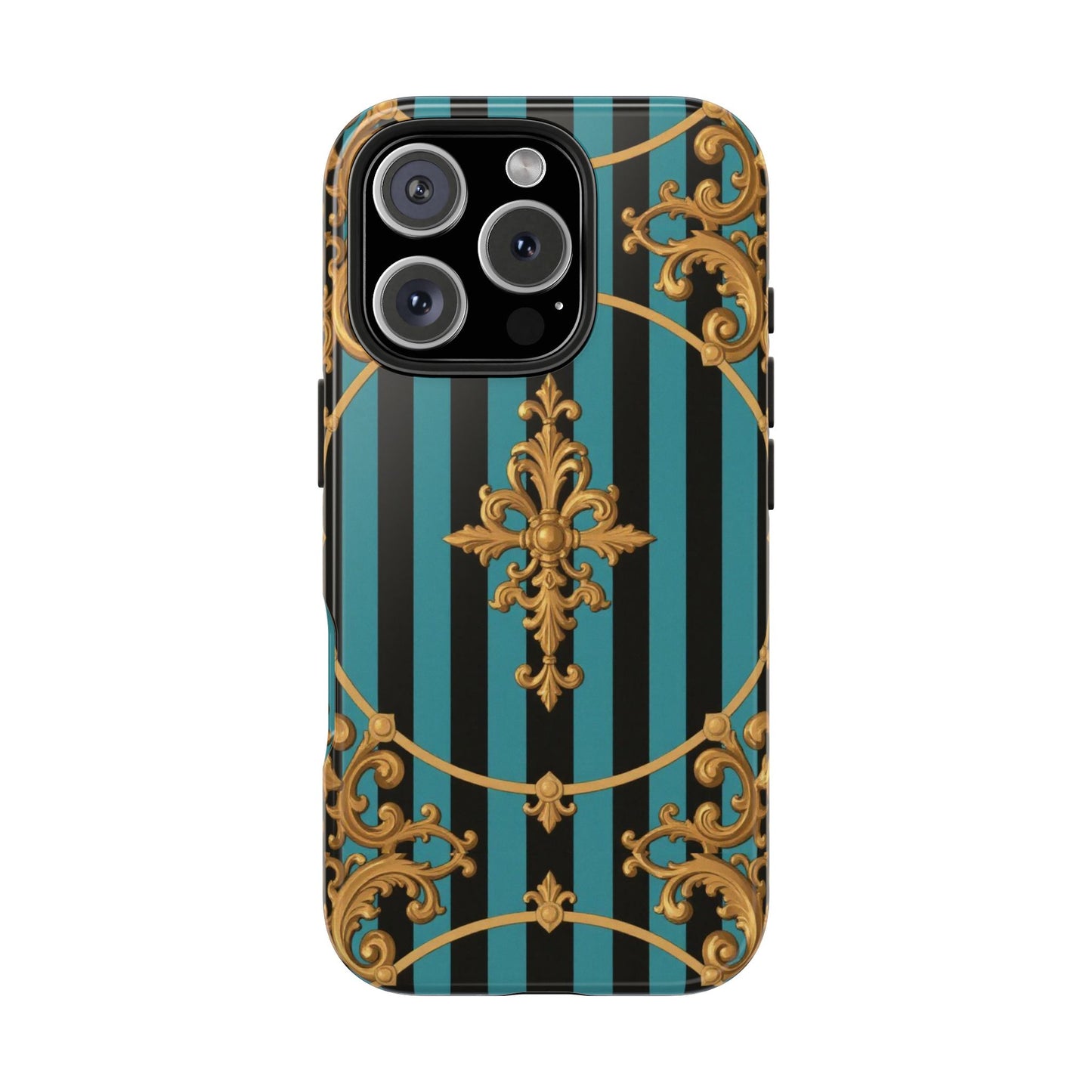 Elegant Turquoise & Black Striped Gold Baroque Phone Case, Tough Phone Cases for Fashion Lovers, Gift for Her, Luxury Accessories