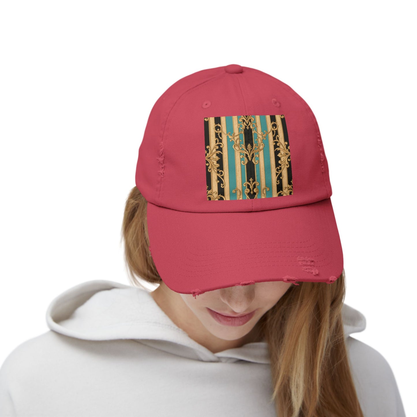 Distressed Black, Tan & Ocean Green Striped Gold Baroque Cap with Elegant Stripe Design | Vintage-Inspired Accessories, Unisex Casual Hat