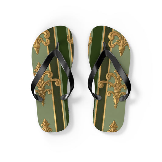 Elegant Vintage Flip Flops for Summer, Casual Sandals, Beachwear, Vacation Footwear, Summer Parties - Green Striped Gold Baroque
