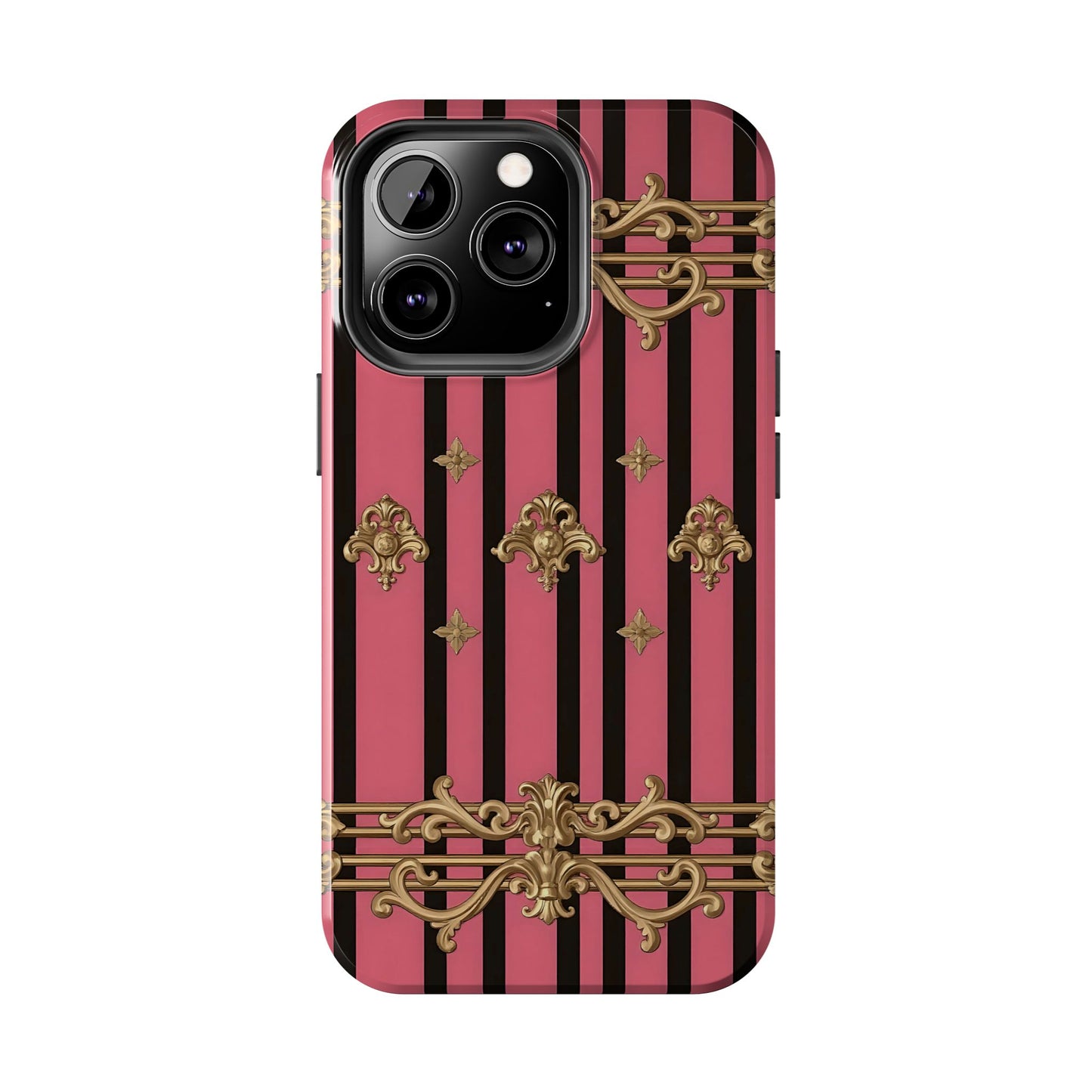 Elegant Floral Phone Cases, Stylish Protective Case for Trendy Individuals, Unique Gift for Tech Lovers, Phone Accessories - Pink Striped Gold Rococo
