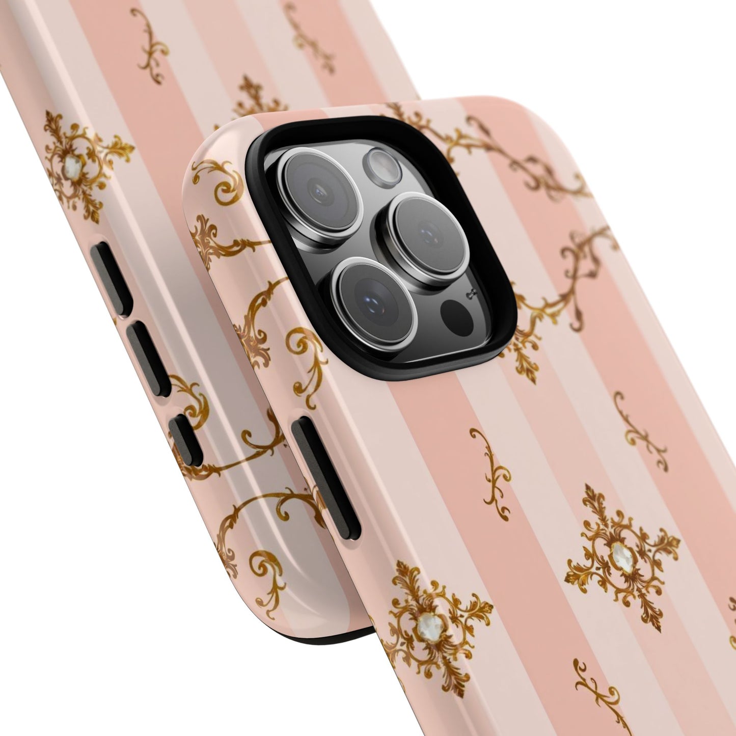 Elegant Floral Phone Case, Tough Cases for Women, Trendy Phone Cover, Chic Gift - Pink Jeweled Striped Gold Baroque