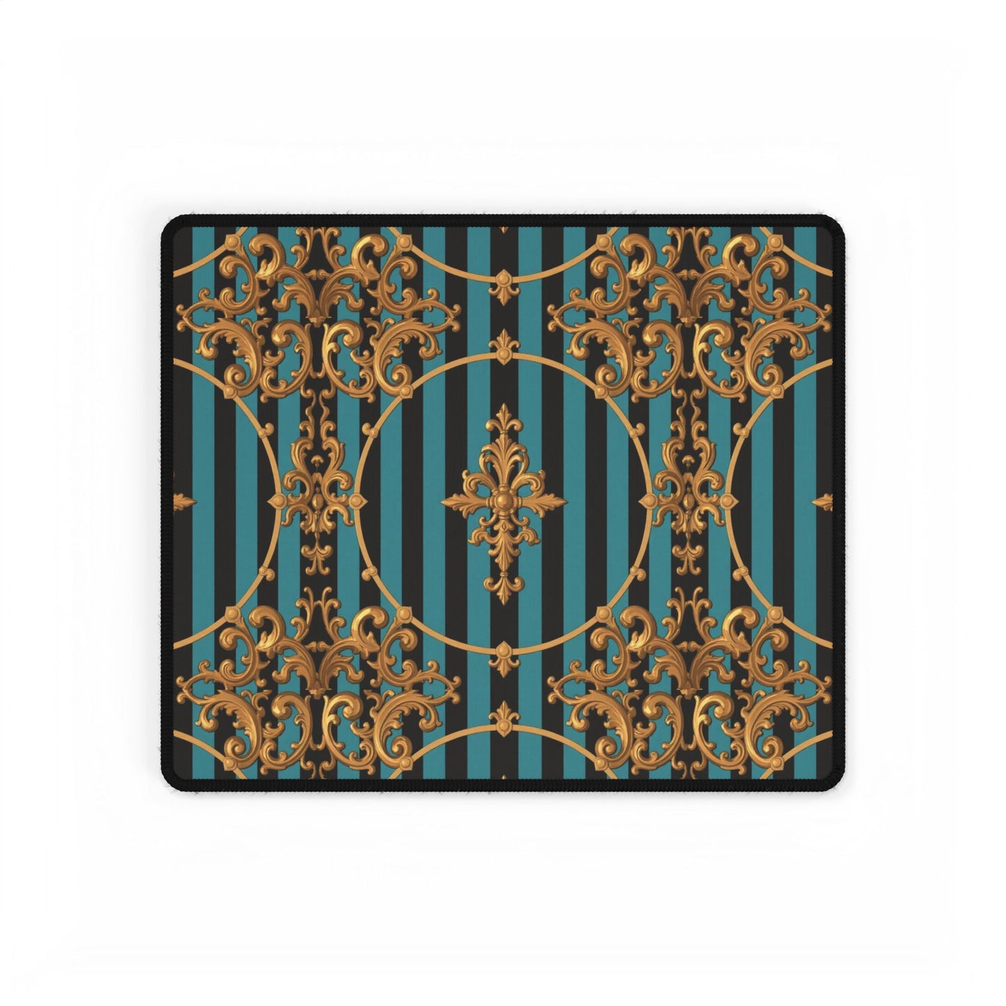 Elegant Turquoise & Black Striped Gold Baroque Desk Mats for Home Office, Stylish Mouse Pads, Luxe Desk Decor, Gifts for Professionals