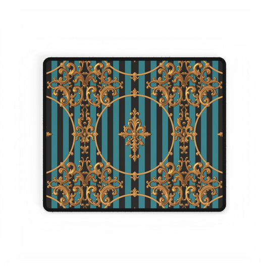 Elegant Turquoise & Black Striped Gold Baroque Desk Mats for Home Office, Stylish Mouse Pads, Luxe Desk Decor, Gifts for Professionals