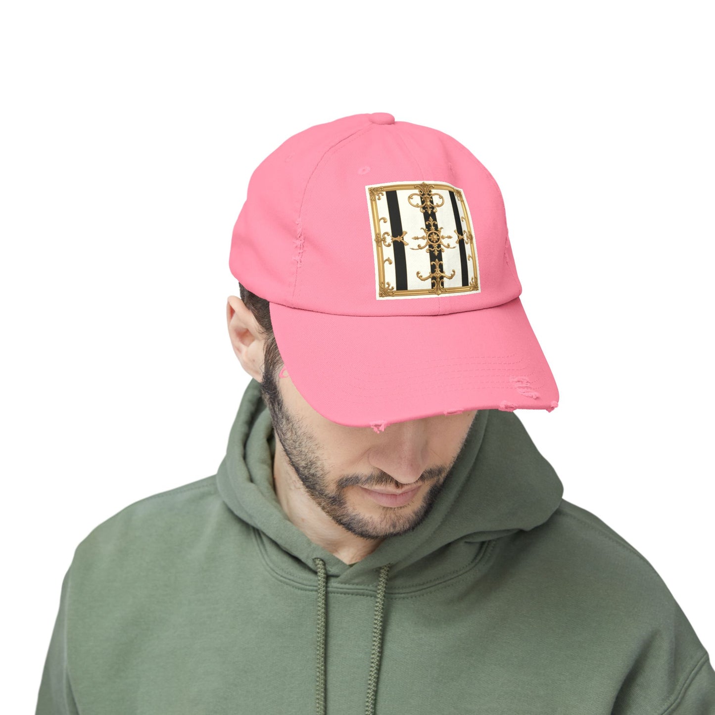 Stylish Distressed Cap with Unique Gold Design, Trendy Hat, Casual Wear, Gift for Him/Her - Black & White Striped Gold Baroque