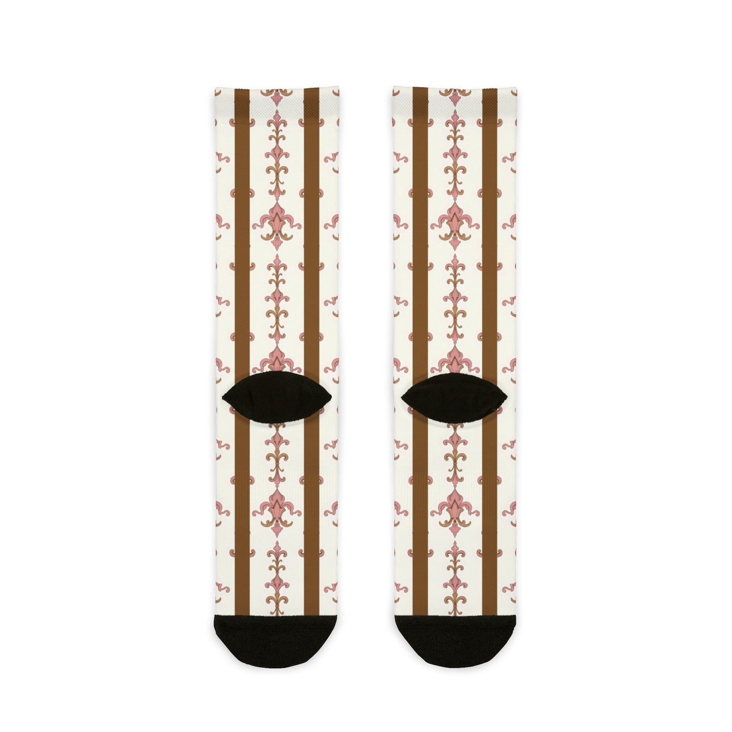 Chic Floral Crew Socks | Stylish Unisex Gift | Trendy Fashion Accessory | Summer Feet Treats | Unique Gift for Holidays - Brown Striped Pink Arabesque