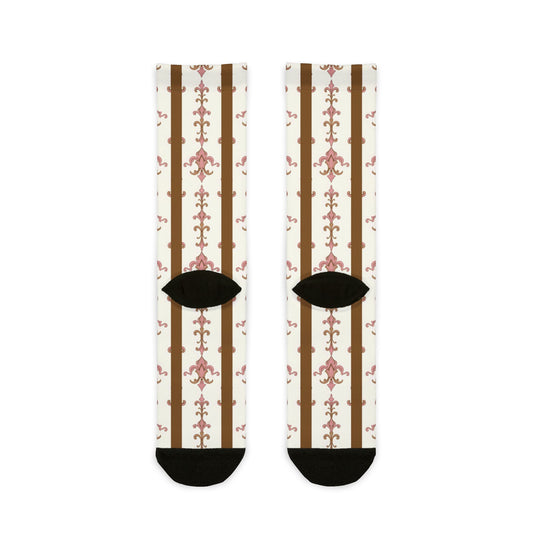 Chic Floral Crew Socks | Stylish Unisex Gift | Trendy Fashion Accessory | Summer Feet Treats | Unique Gift for Holidays - Brown Striped Pink Arabesque