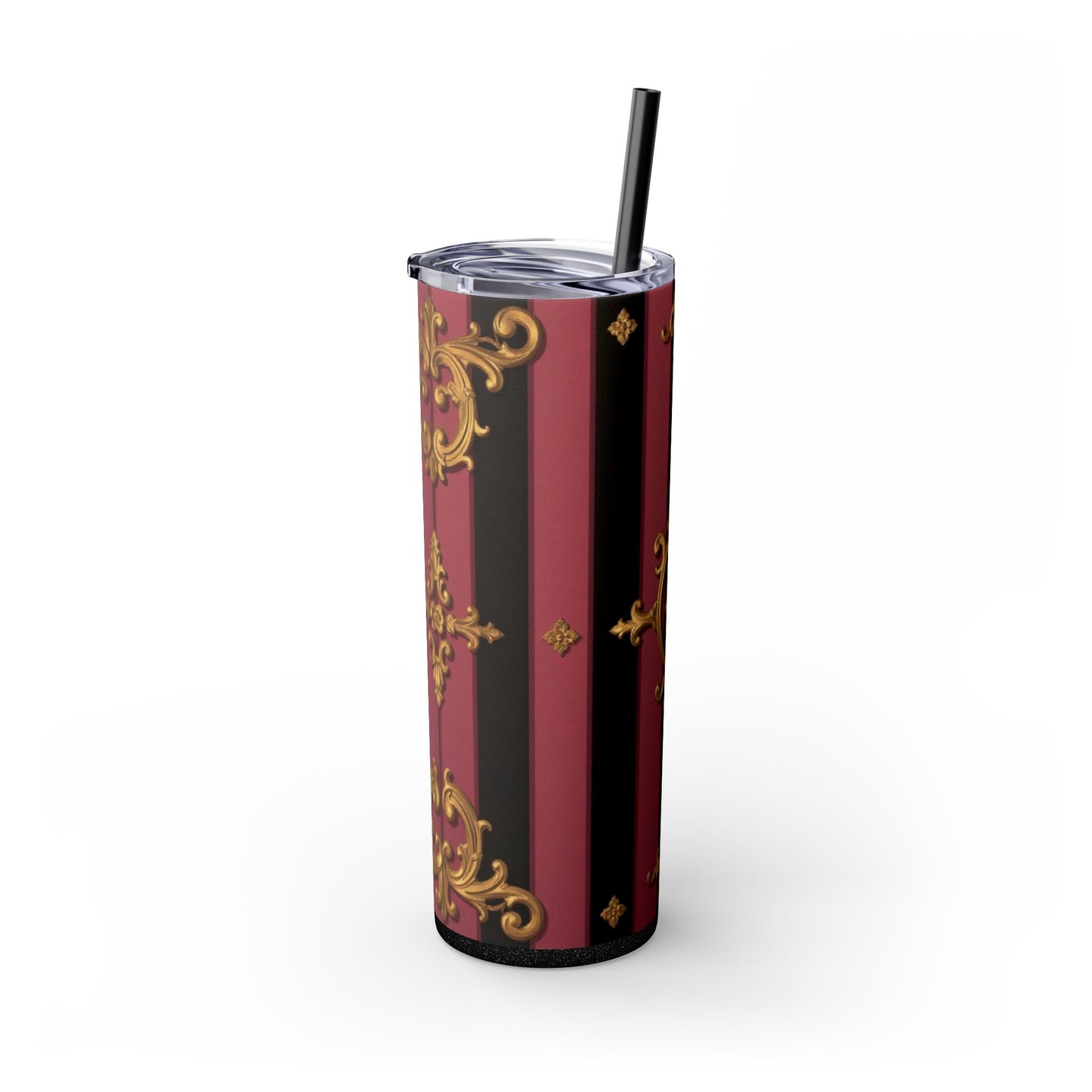 Elegant Black & Mauve Striped Gold Baroque Striped Skinny Tumbler with Straw, 20oz | Vintage Gold Accent Drinkware, Wedding Gift, Party Favor, Travel Mug
