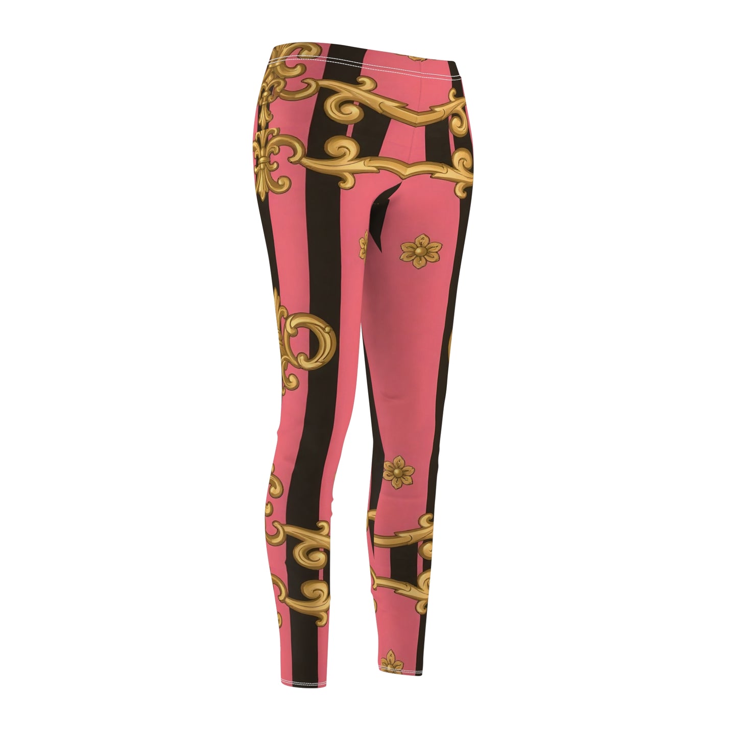 Chic Women's Leggings, Trendy Activewear, Casual Fashion, Gift for Her, Yoga, Fitness, Everyday Wear - Pink & Black Striped Gold Baroque