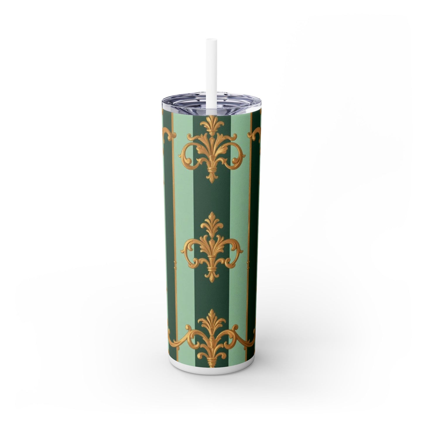 Elegant Floral Skinny Tumbler with Straw, 20oz – Stylish Travel Mug, Eco-Friendly Reusable Cup - Mint Green & Teal Striped Gold Baroque