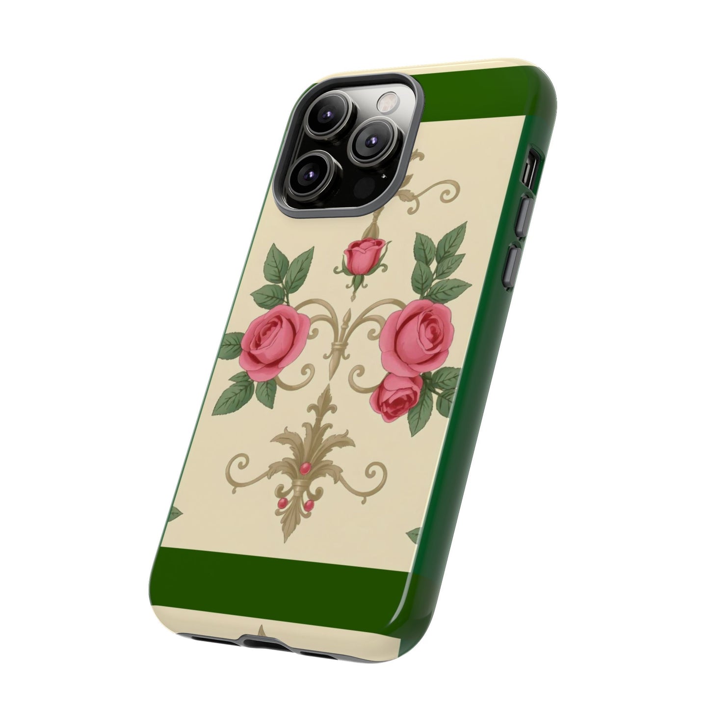 Elegant Floral Motif Phone Case - Tough Cases with Vintage Design - Green Border Roses & Damask
