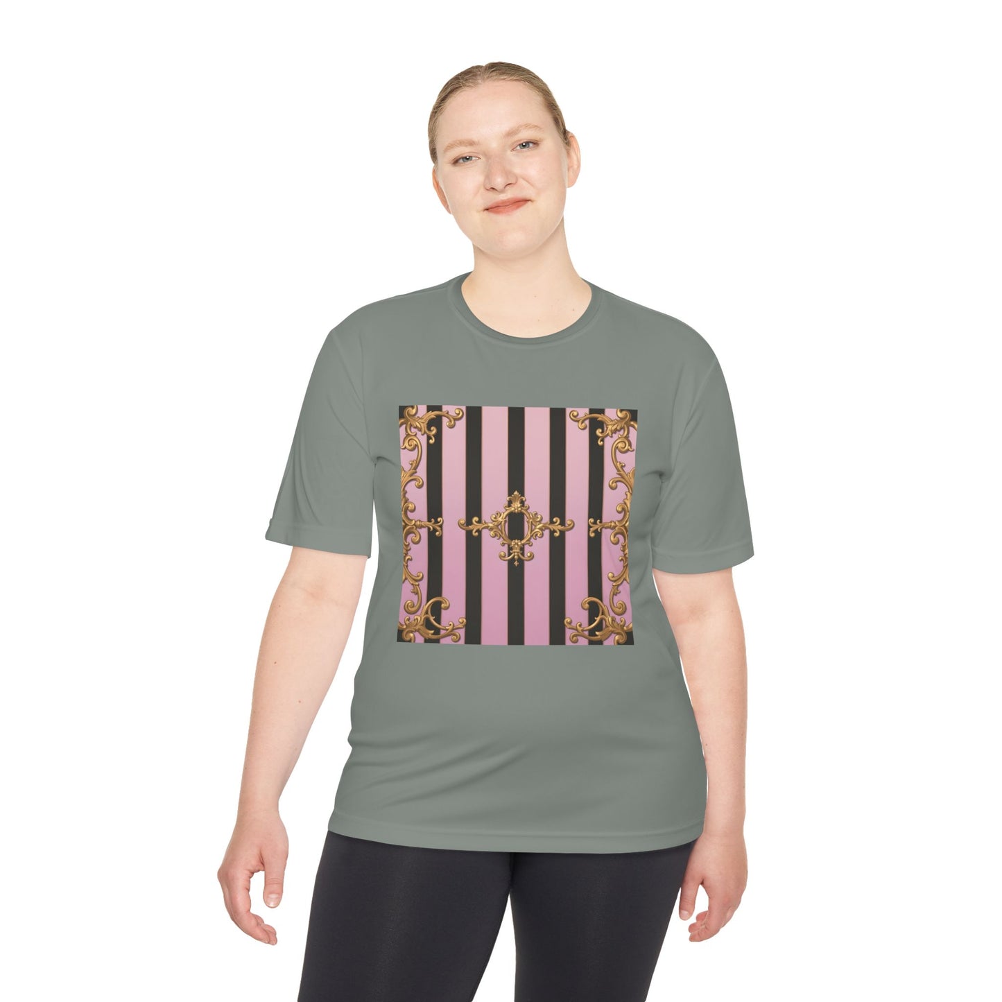Elegant Striped Unisex Moisture Wicking Tee, Stylish Workout T-Shirt, Fashionable Athletic Top - Matte Lavender & Black Striped Gold Baroque