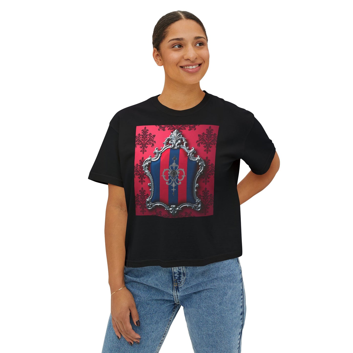 Vintage-Inspired Women's Boxy Tee, Retro Graphic Top, Casual Summer Shirt, Trendy Fashion Tee, Gift for Her - Blue & Red Striped Silver Crest