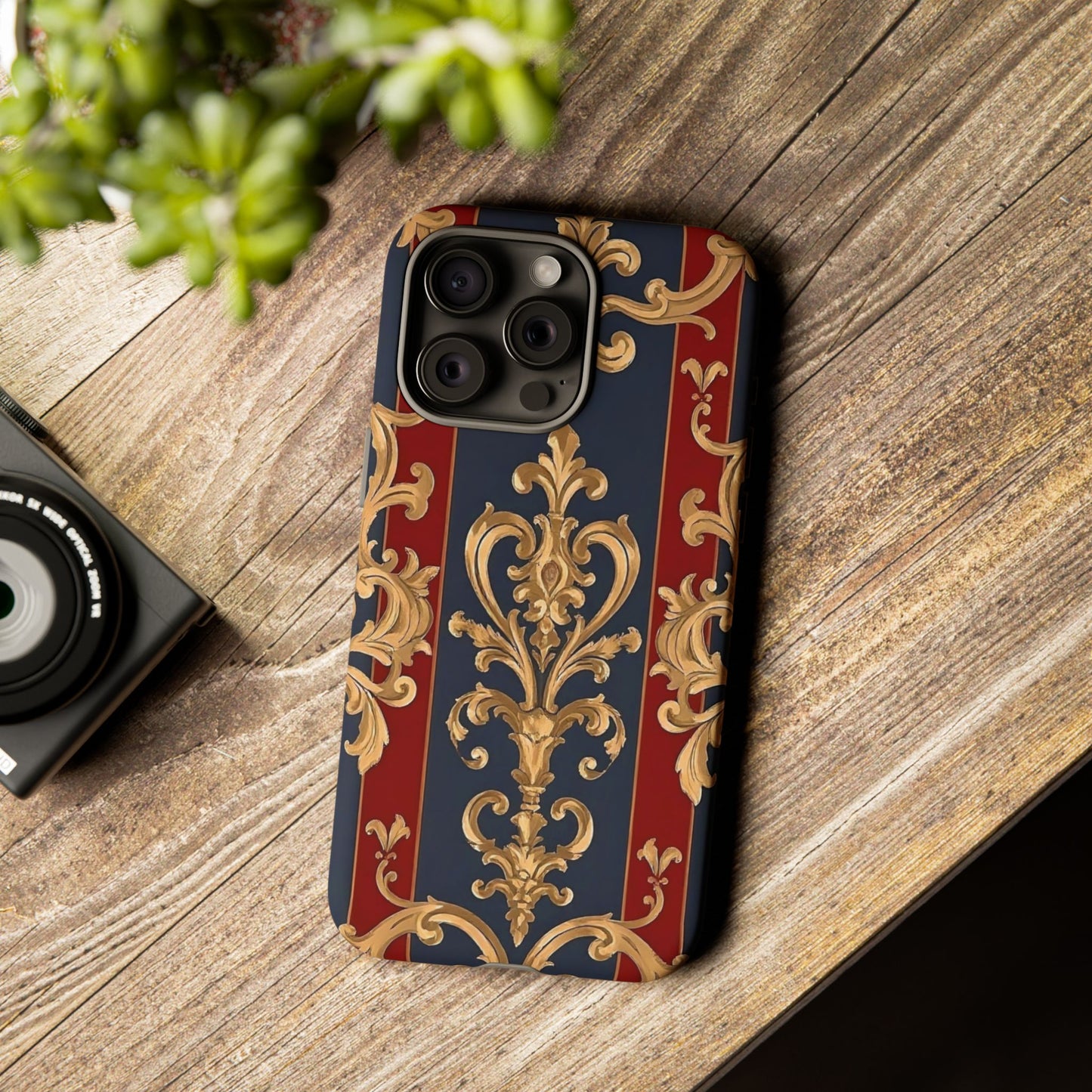 Elegant Floral Motif Phone Case - Tough Cases with Vintage Design - Midnight Blue & Dusk Red Striped Gold Damask