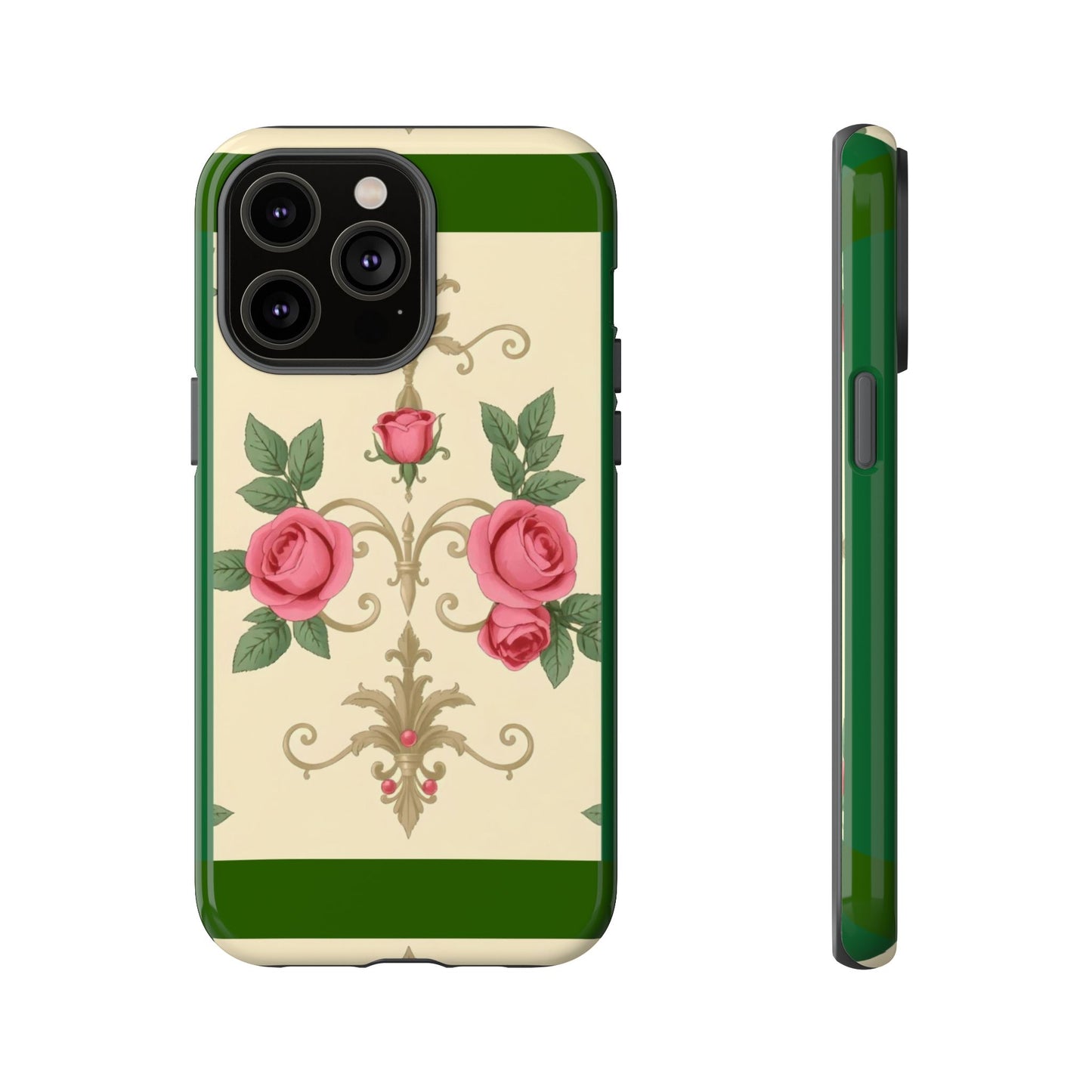 Elegant Floral Motif Phone Case - Tough Cases with Vintage Design - Green Border Roses & Damask