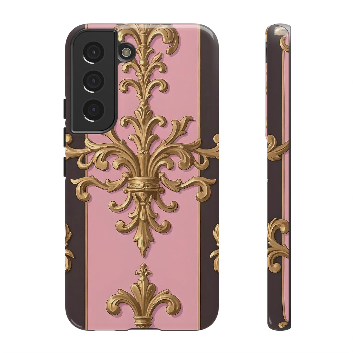 Elegant Floral Motif Phone Case - Tough Cases with Vintage Design - Pink & Brown Striped Gold Damask