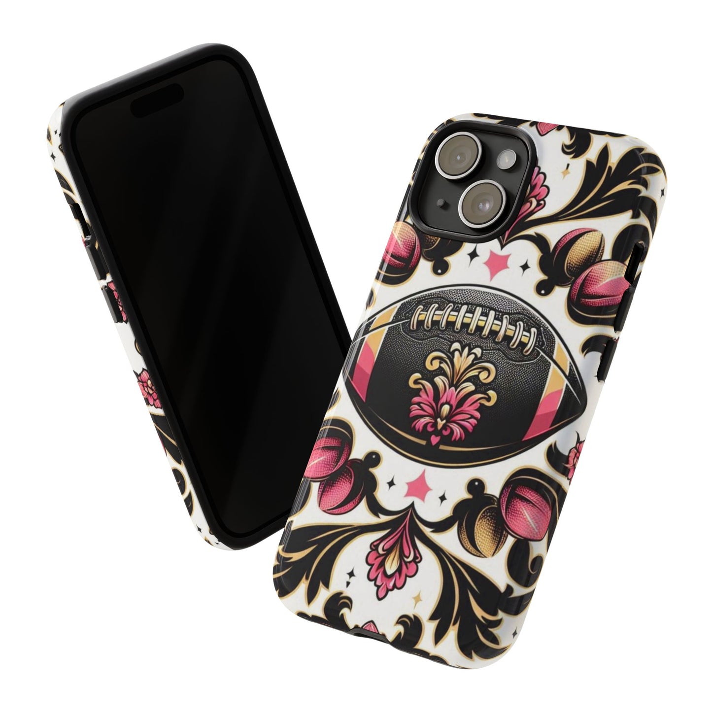 Elegant Floral Motif Phone Case - Tough Cases with Vintage Design - Damask White, Pink Gold & Black Football