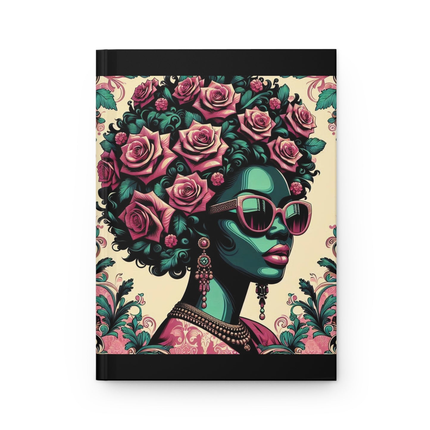 Elegant Floral Hardcover Journal - Stylish Writing Notebook - Teal Lady With Roses & Damask Design