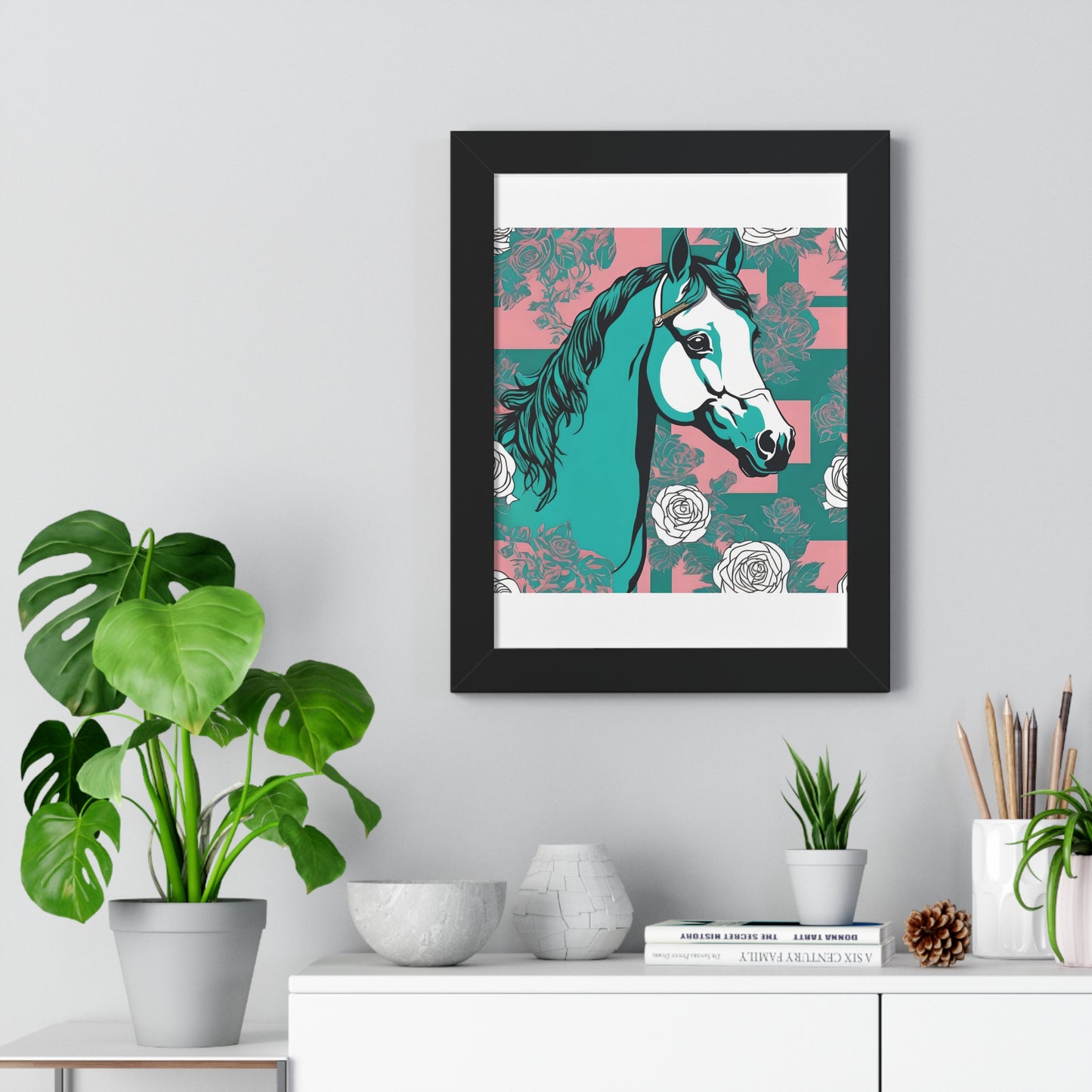 Vertical Poster - Stylish Modern Art for Home Decor - Teal & White Horse