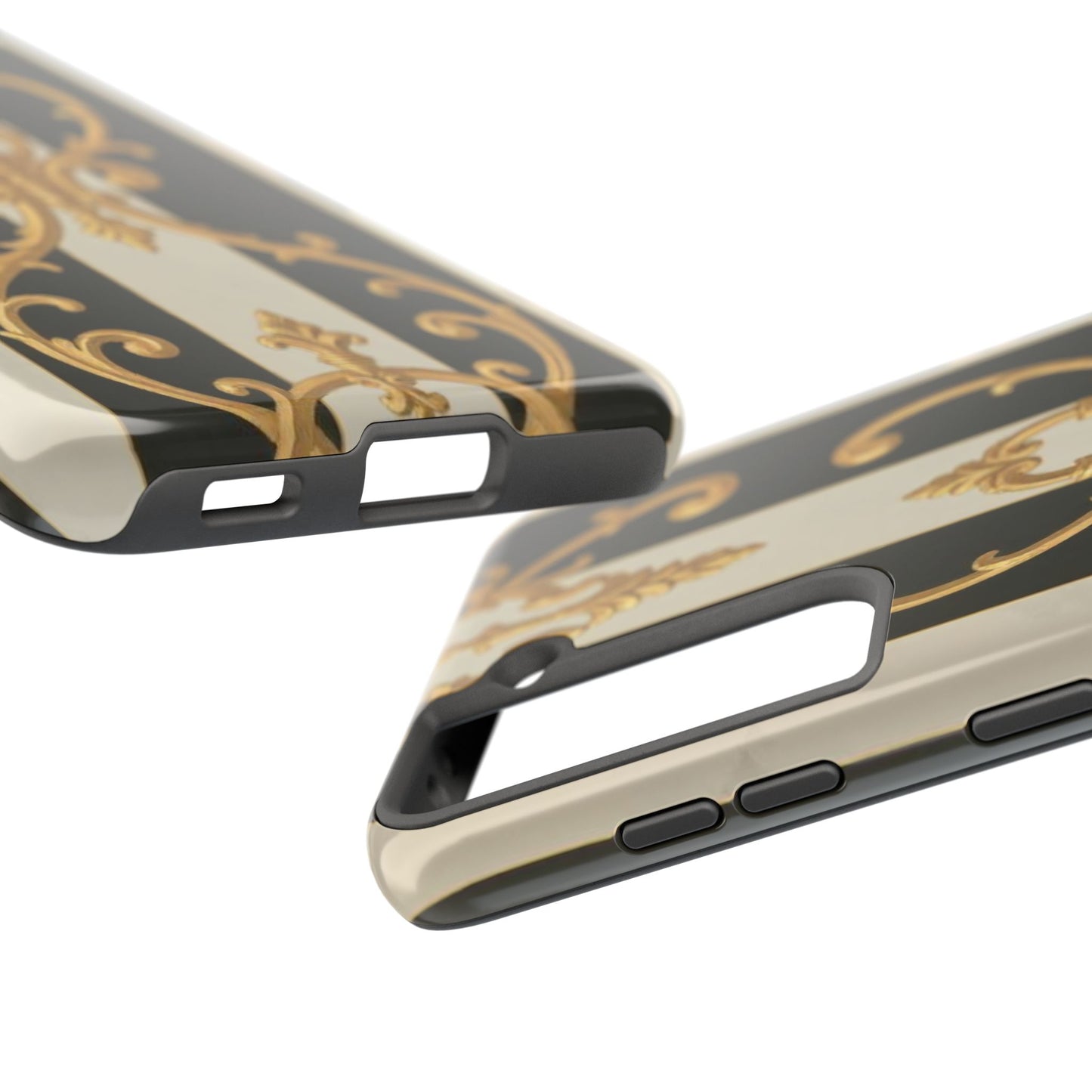 Elegant Black & Alabaster Striped Baroque Tough Phone Cases - Chic Protection, Black Gold Decor, Stylish Accessory, Gift for Her, Trendy Tech