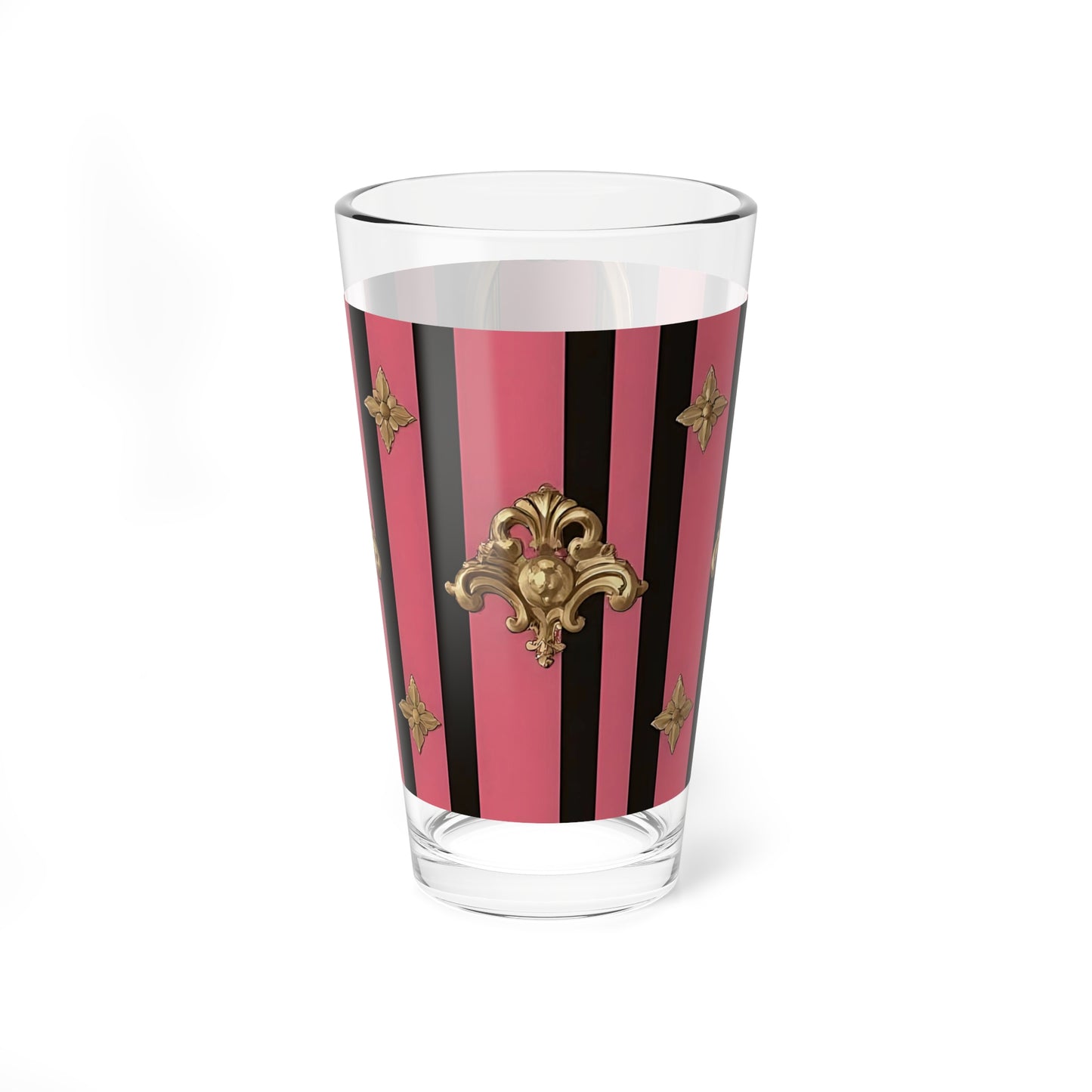 Chic Mixing Glass, 16oz Decorative Drinkware, Elegant Barware, Birthday Gift, Retro Kitchen Decor, Stylish Cocktail Glass - Pink Striped Gold Rococo