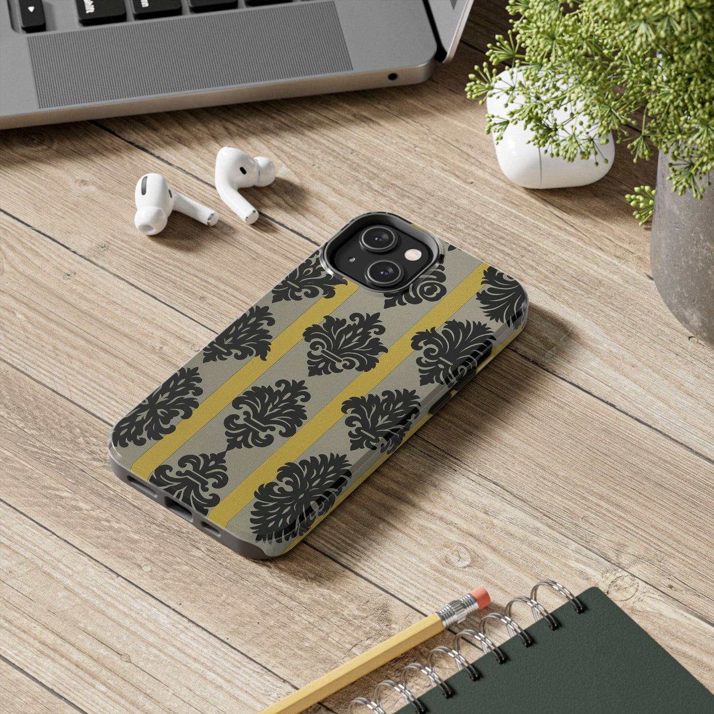 Elegant Baroque Tough Phone Cases | Chic Phone Protection | Gift for Her | Stylish Accessory | Holiday Gift Idea | Silver & Gold Striped Black Baroque