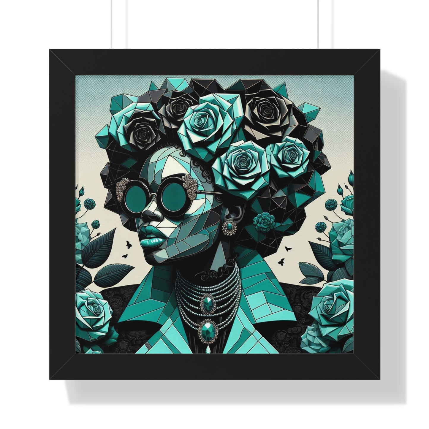 Framed Art Poster, Bohemian Home Decor, Wall Art for Living Room, Gift for Art Lovers, Unique Framed Wall Decor - Turquoise & Black Roses Lady