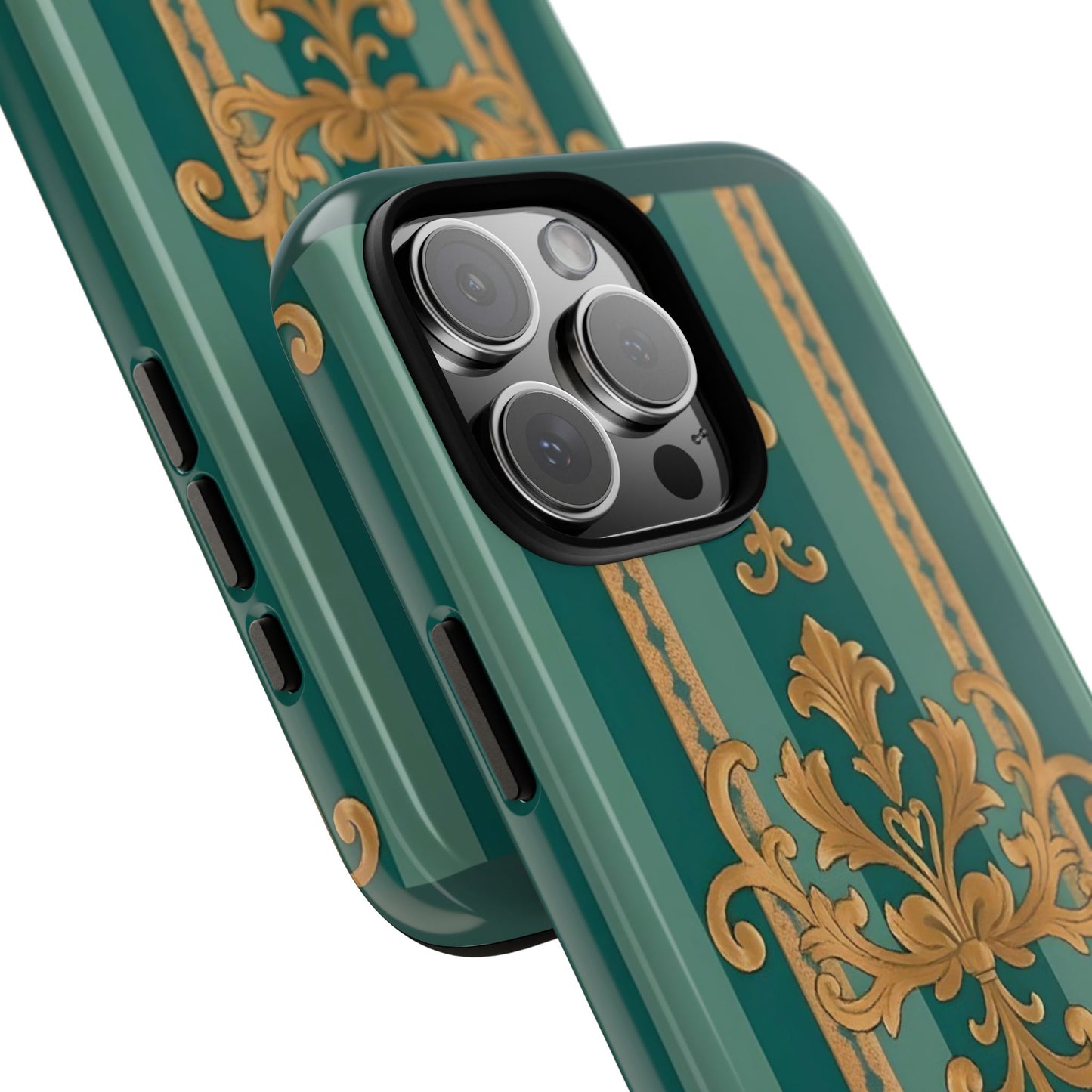 Elegant Floral Motif Phone Case - Tough Cases with Vintage Design - Teal Striped Gold Damask