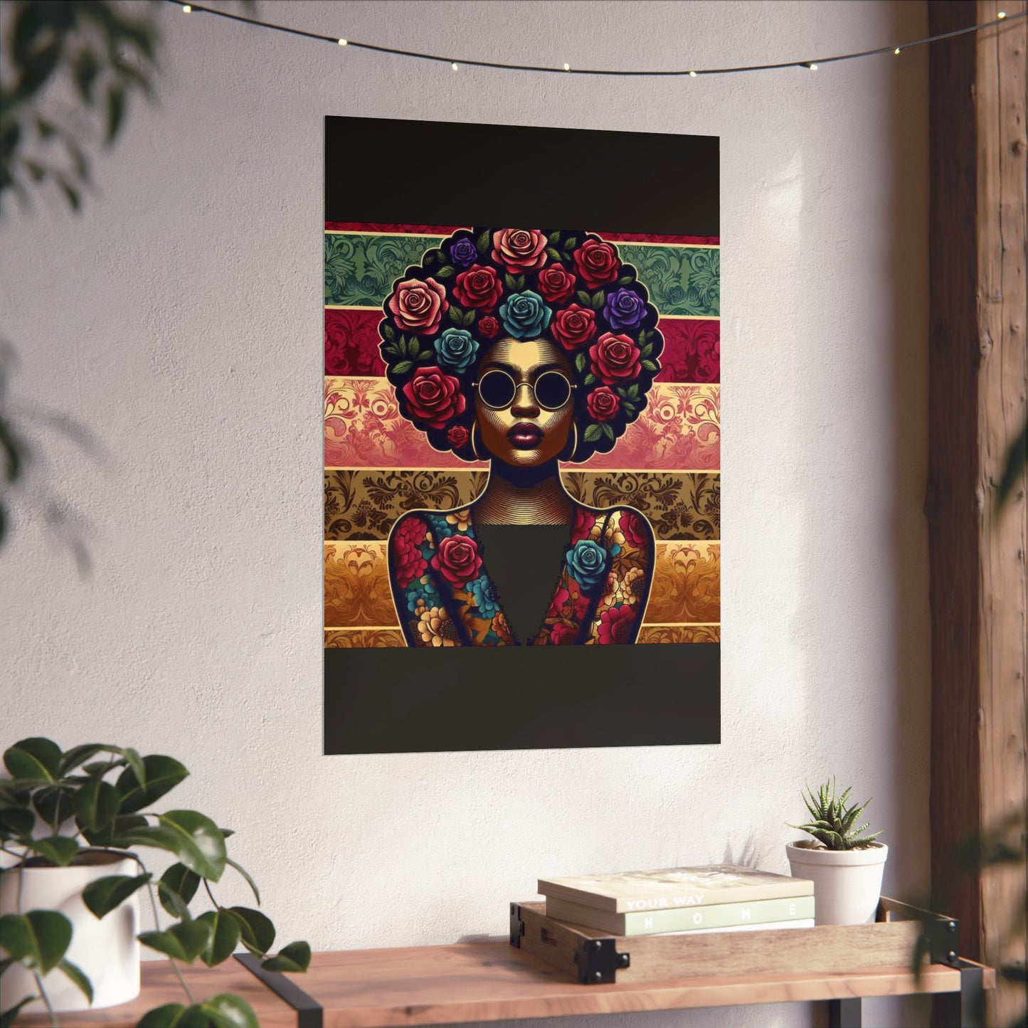 Floral Afro Art Poster - Elegant Matte Vertical Wall Decor - Lady With Damask & Roses