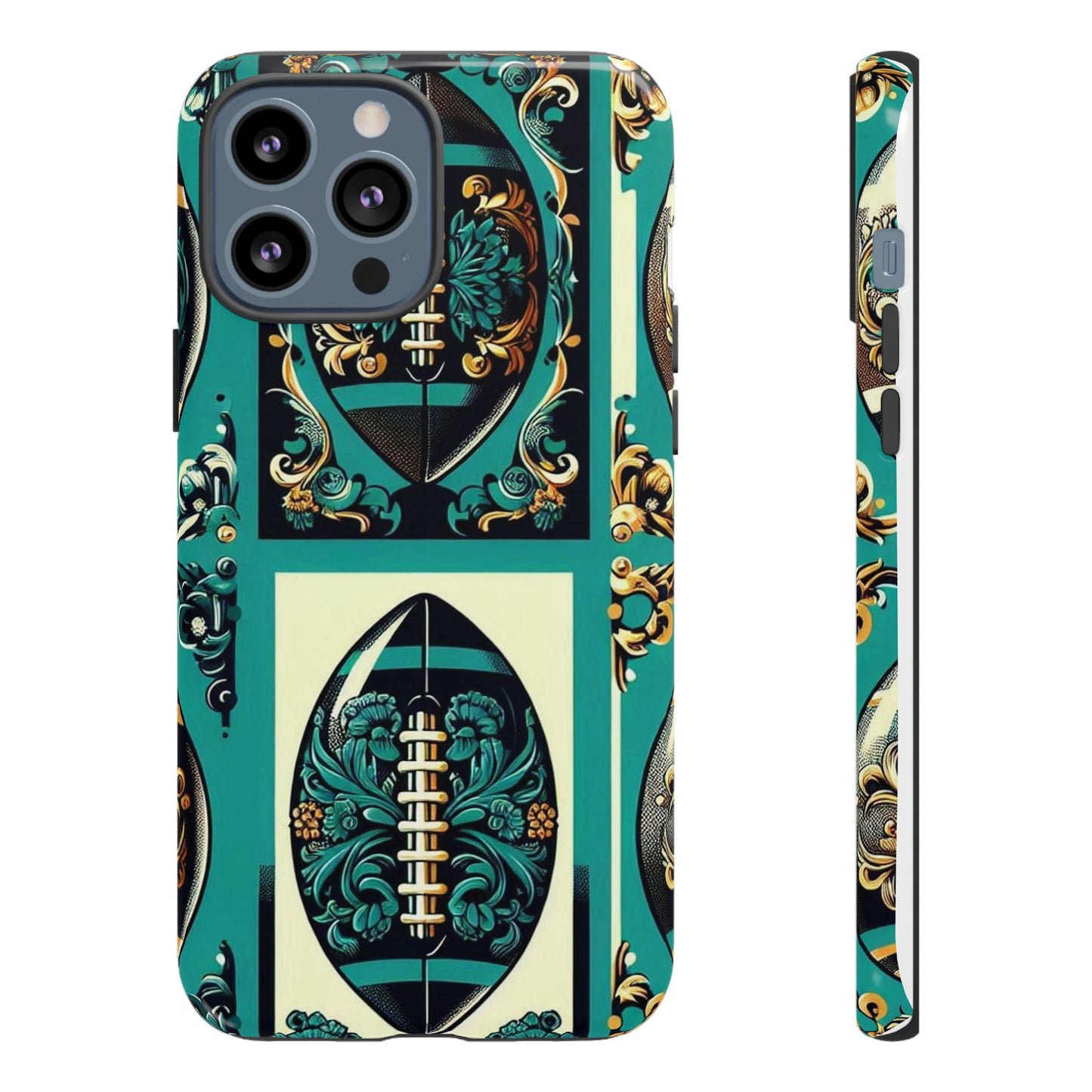 Elegant Floral Motif Phone Case - Tough Cases with Vintage Design -  Damask Teal, Gold & Black Footballs