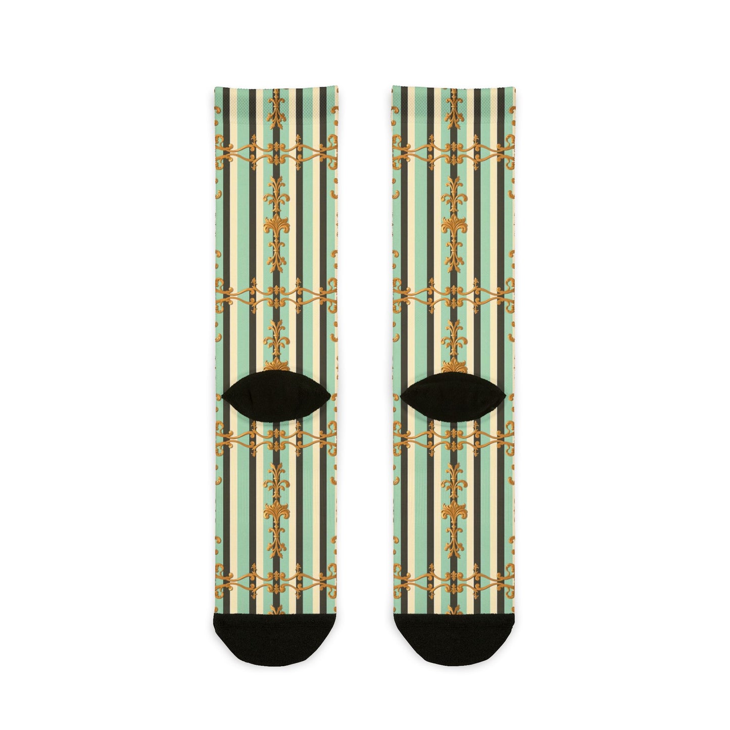 Chic Patterned Crew Socks | Cozy Stocking Stuffer, Trendy Gift, Fashion Accessory - Black & Matte Mint Striped Rococo
