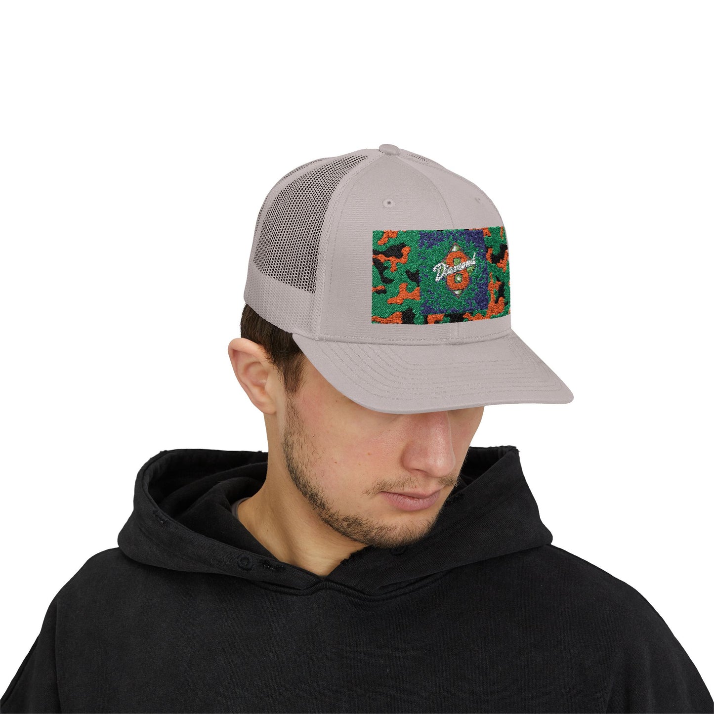 Colorful Camouflage Snapback Trucker Cap, Casual Hat, Outdoor Gear, Unisex Headwear, Gift for Him/Her - Green & Orange Camo Diamond 8